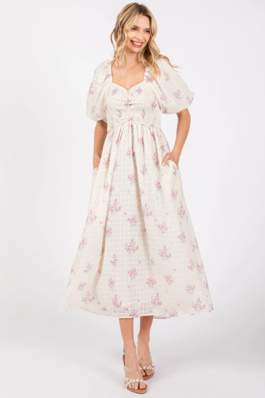 Pink Floral Textured Dot Smocked Sweetheart Neck Midi Dress sold by Pinkblush