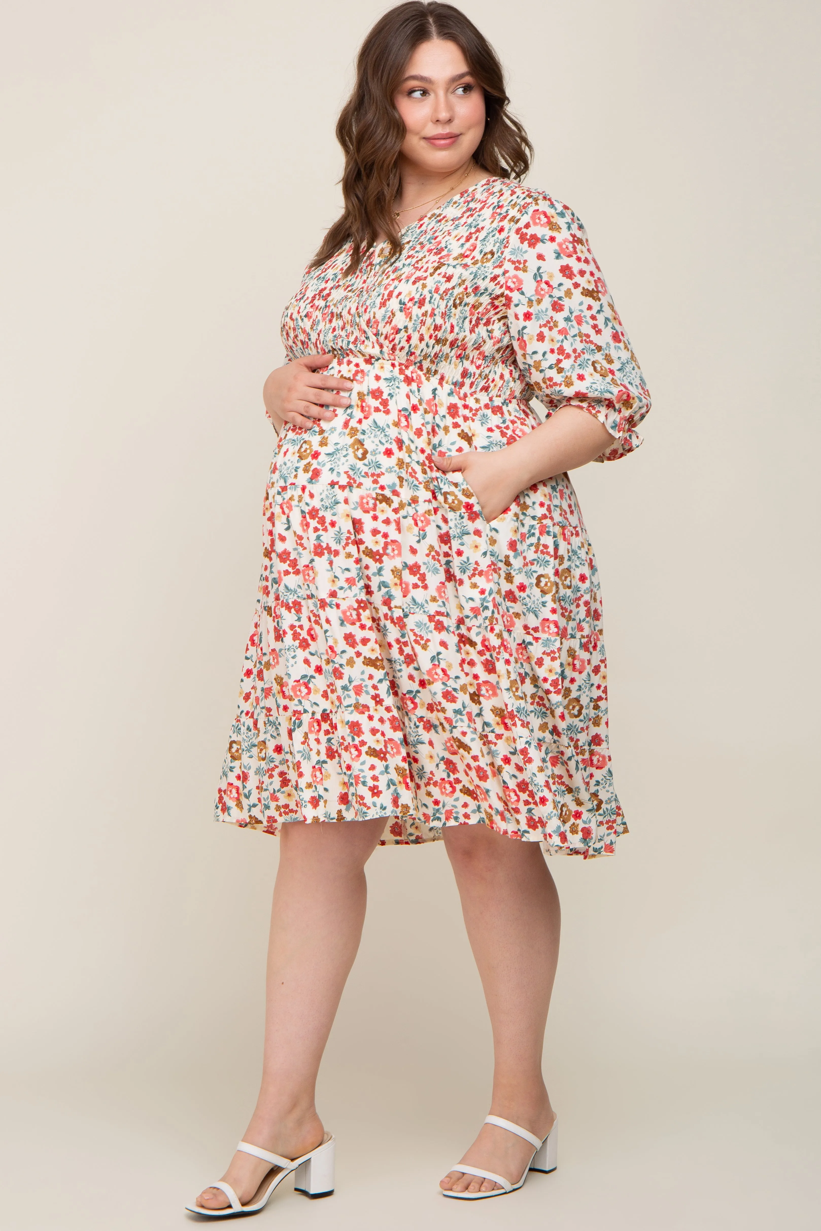 Ivory Floral Smocked Tiered Ruffle Maternity Plus Dress sold by Pinkblush product image thumbnail 2