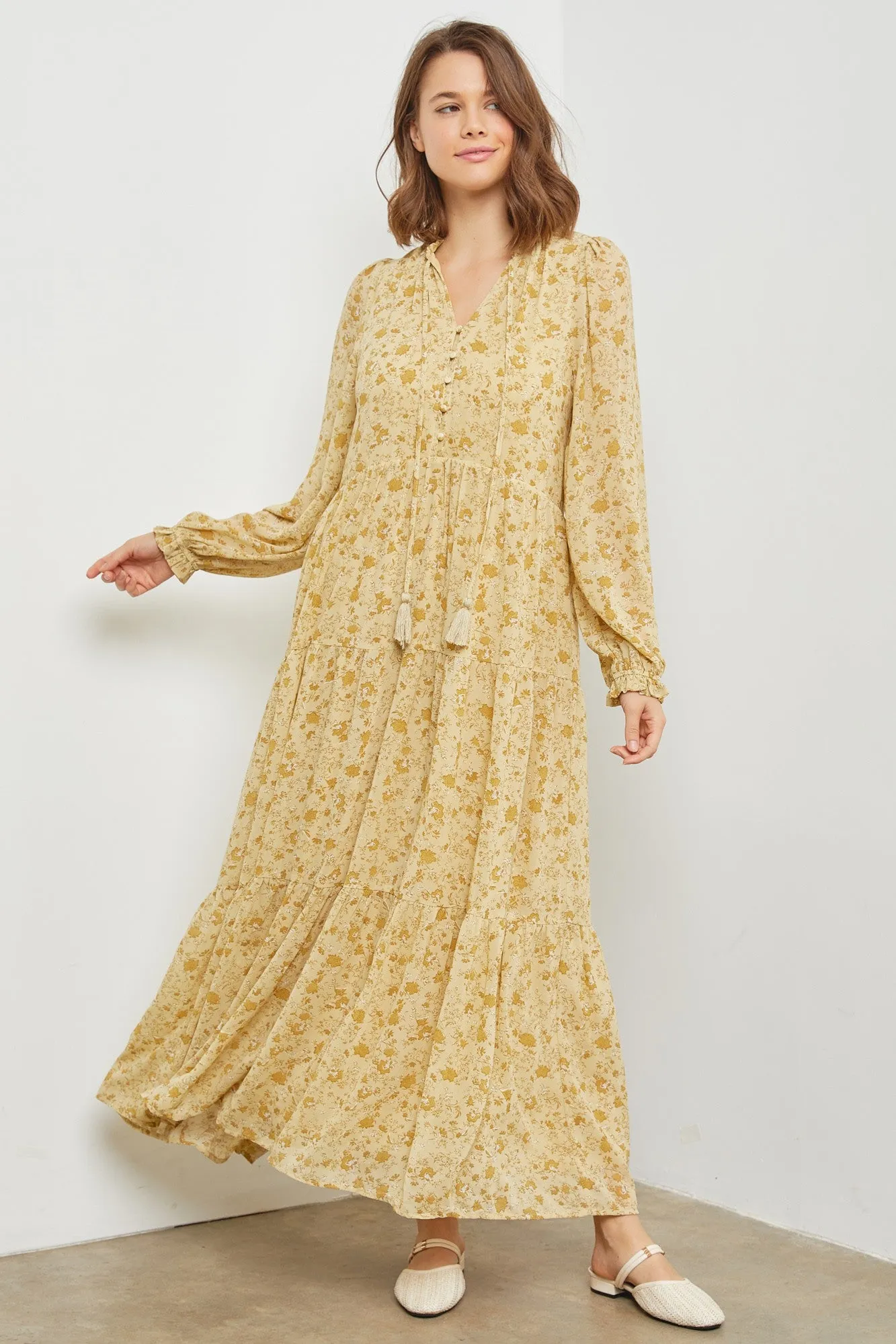 Yellow Floral Chiffon Front Tie Tiered Maternity Maxi Dress sold by Pinkblush product image thumbnail 4