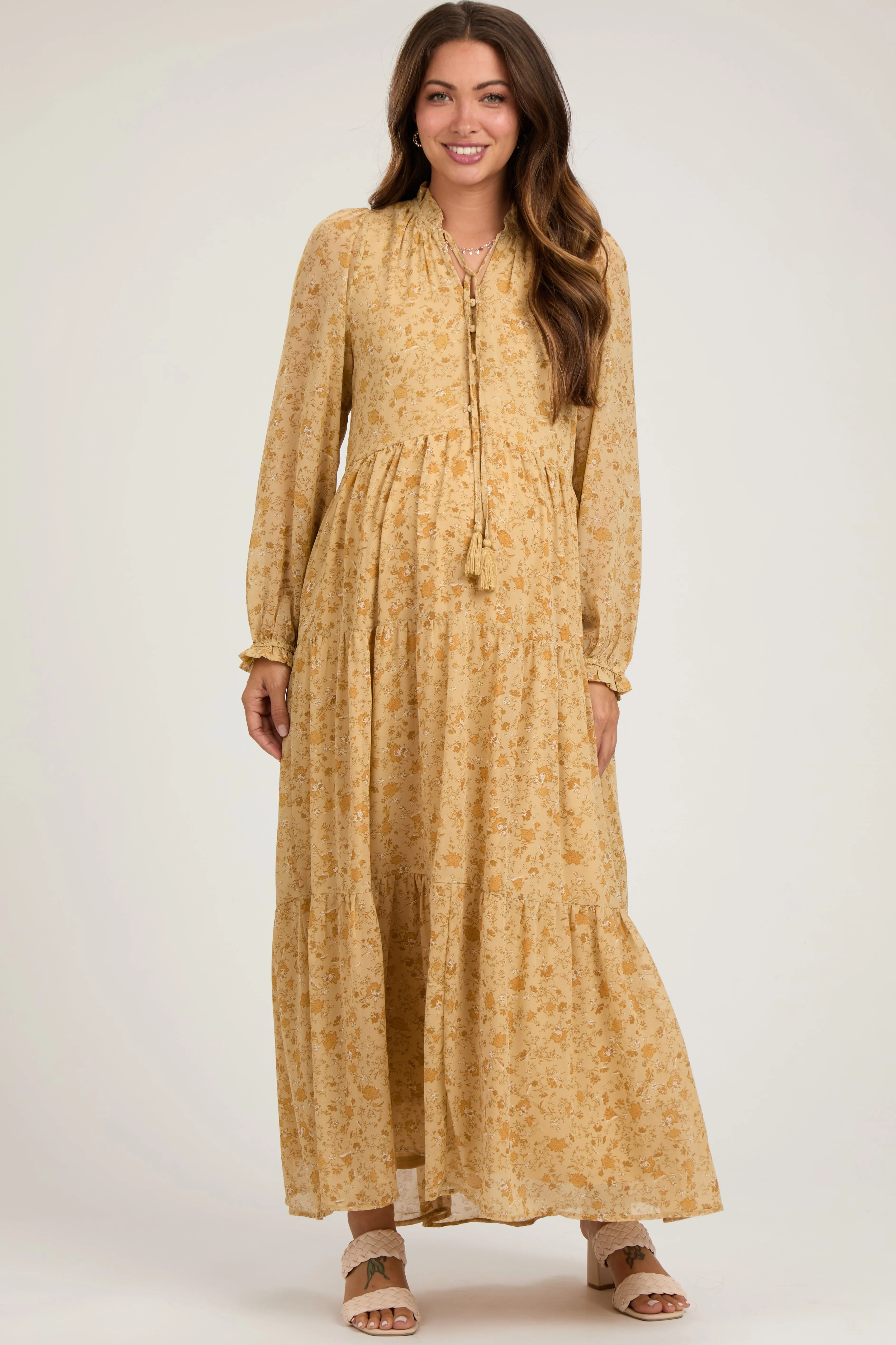 Yellow Floral Chiffon Front Tie Tiered Maternity Maxi Dress sold by Pinkblush