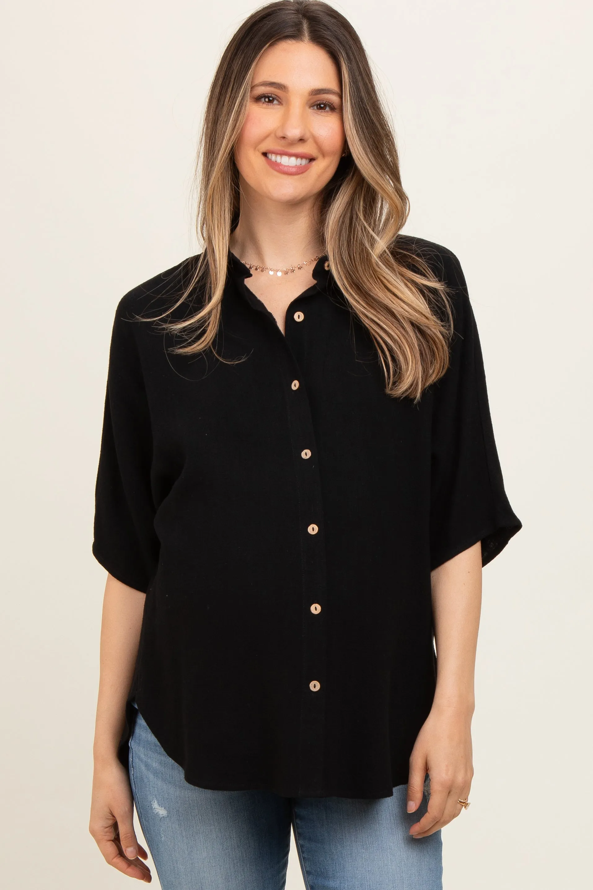 Black Linen Dolman Half Sleeve Button Down Maternity Top sold by Pinkblush