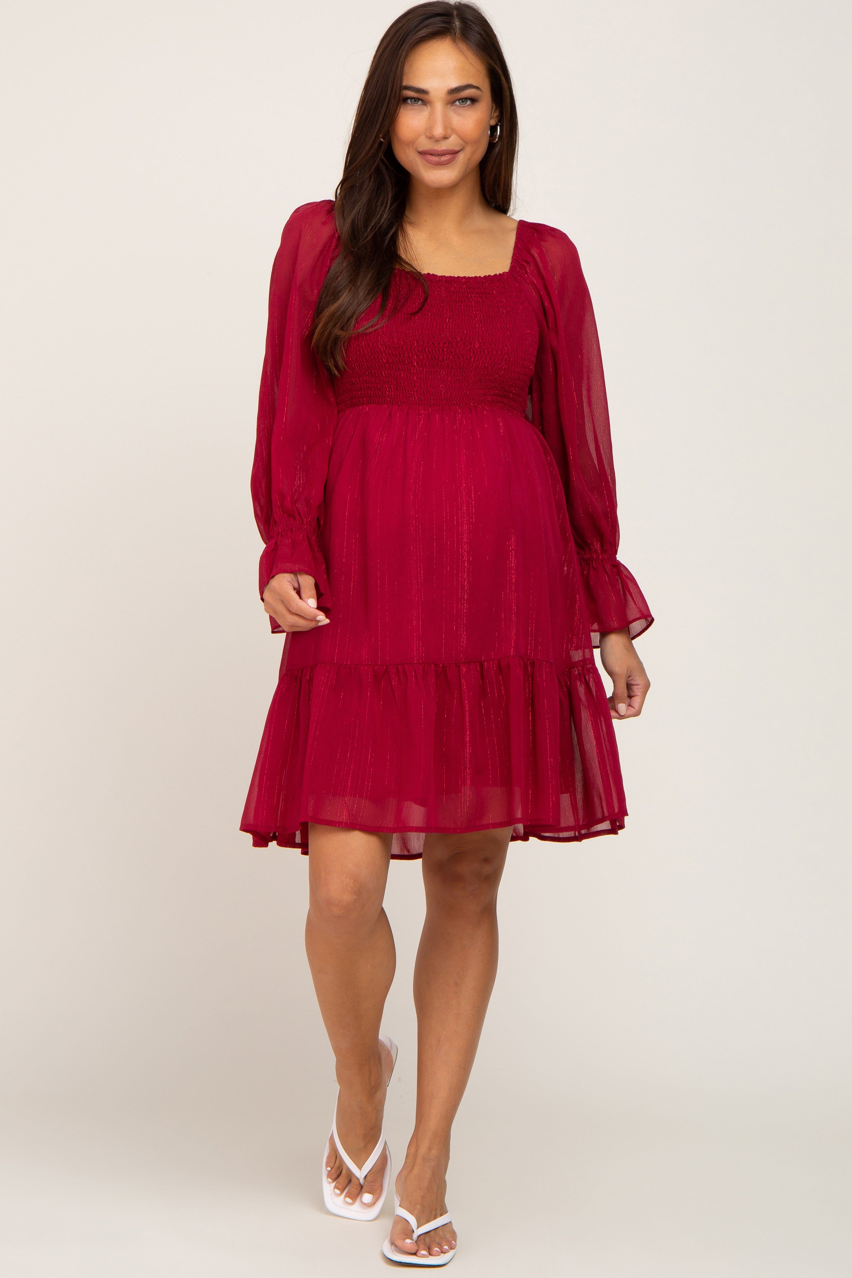 Burgundy Metallic Stripe Smocked Maternity Dress sold by Pinkblush product image thumbnail 4