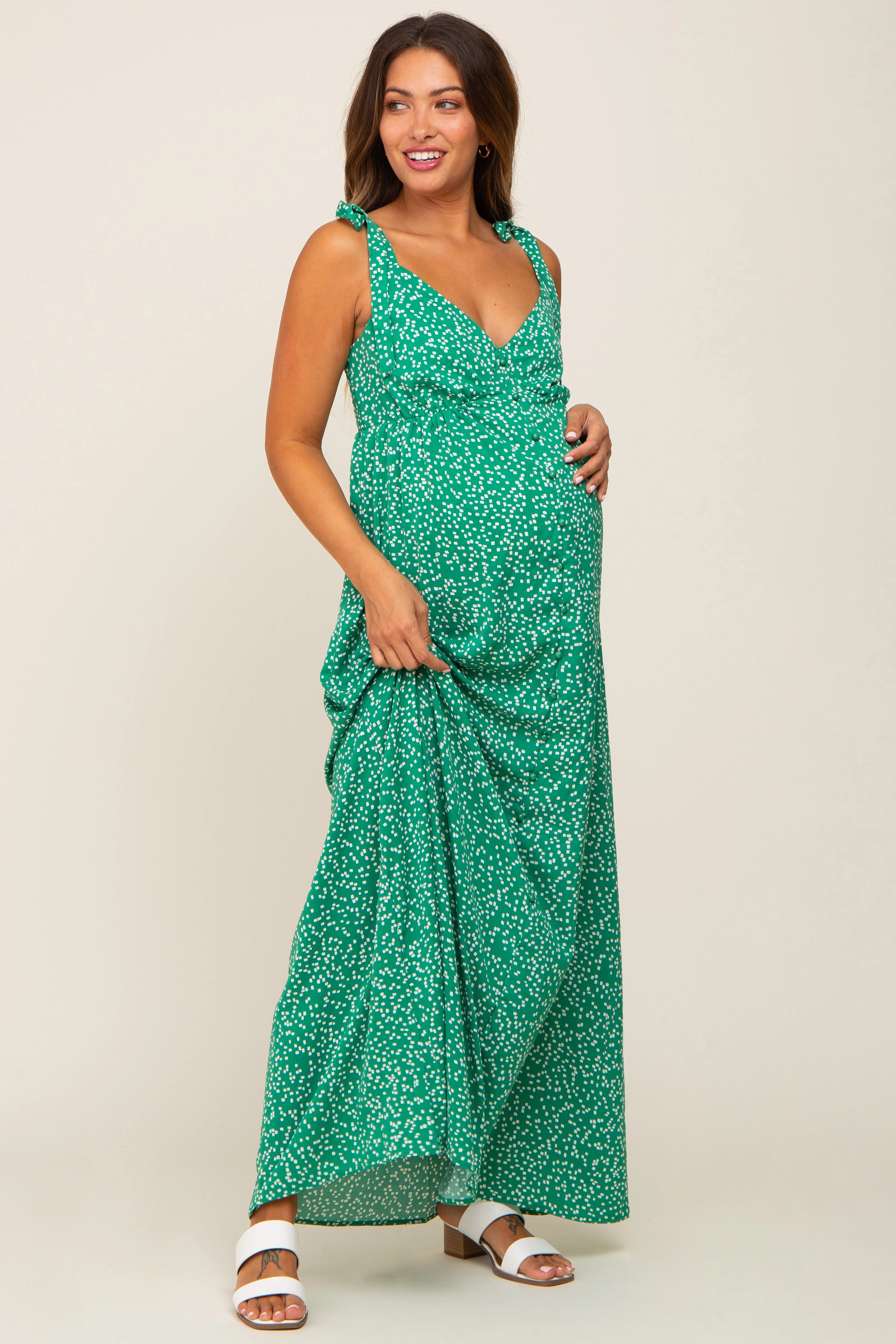 Green Button Front Tie Shoulder Maternity Maxi Dress sold by Pinkblush