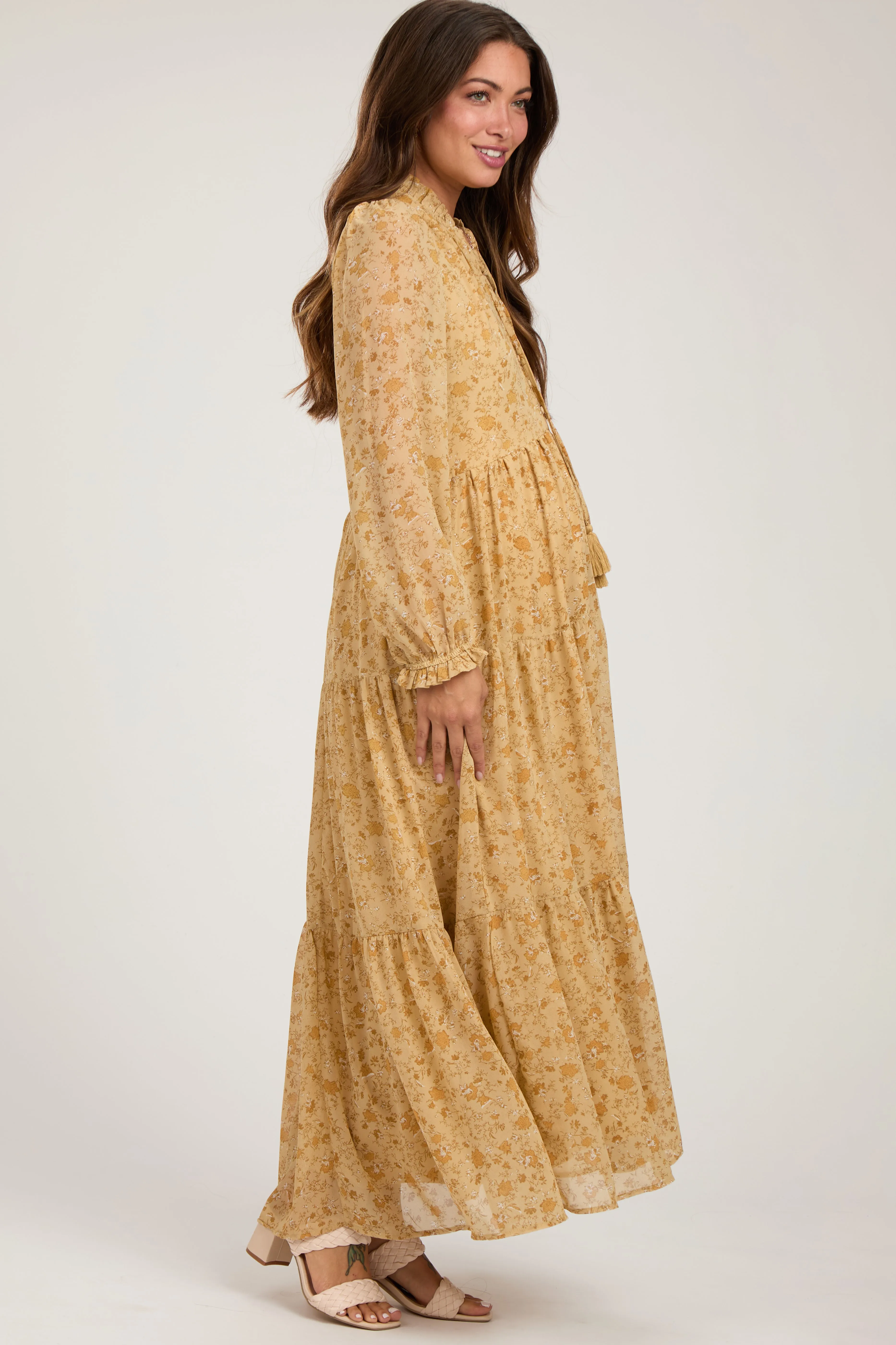 Yellow Floral Chiffon Front Tie Tiered Maternity Maxi Dress sold by Pinkblush product image thumbnail 2