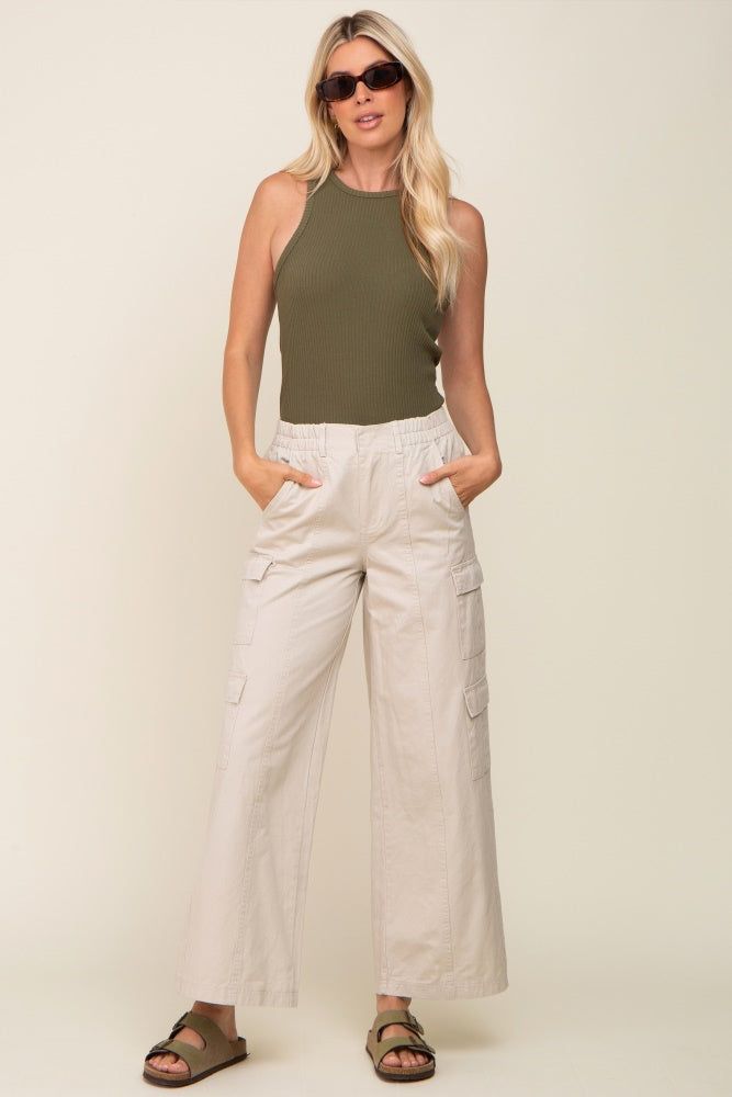 Beige Double Pocket Wide Leg Cargo Pants sold by Pinkblush