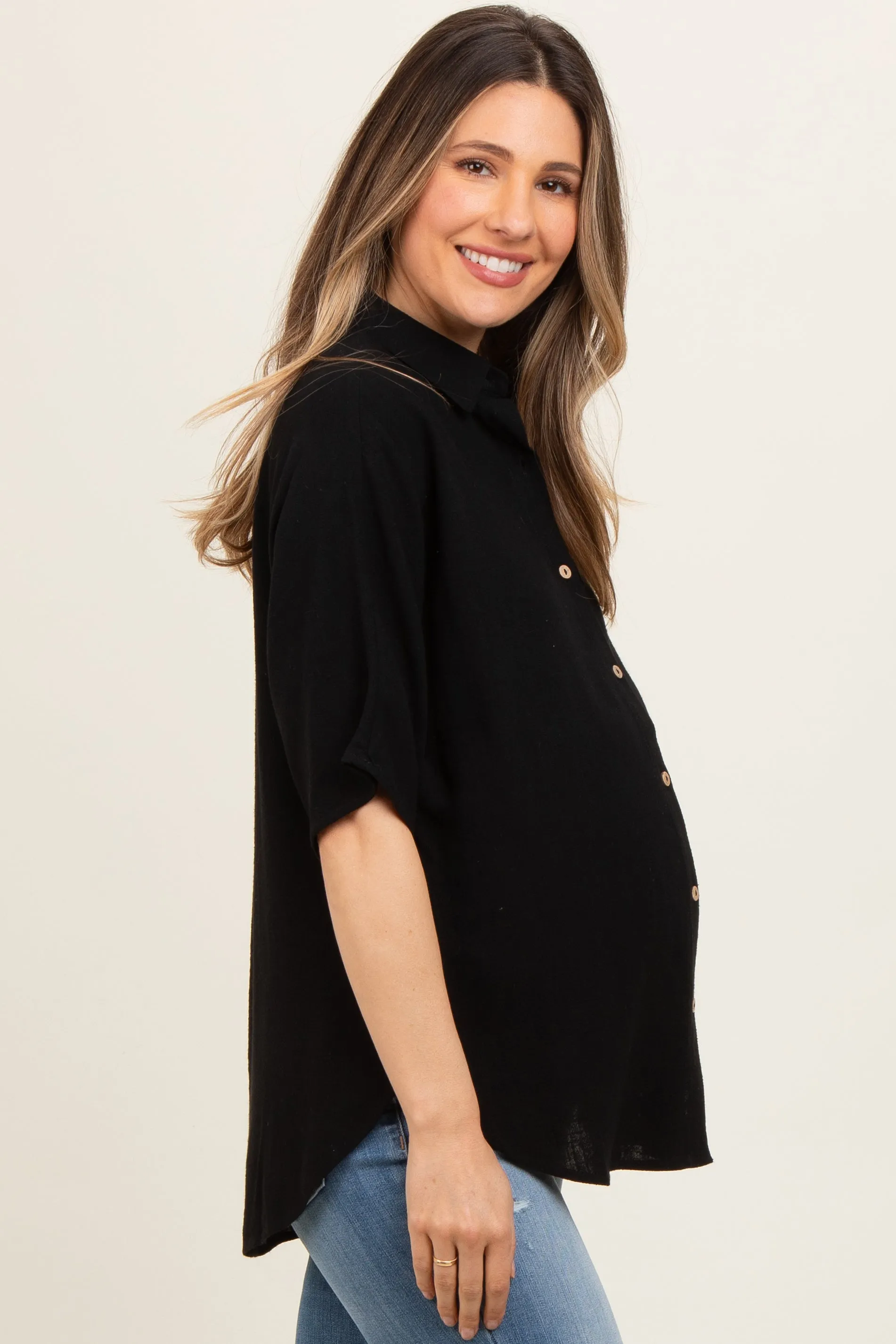 Black Linen Dolman Half Sleeve Button Down Maternity Top sold by Pinkblush product image thumbnail 2