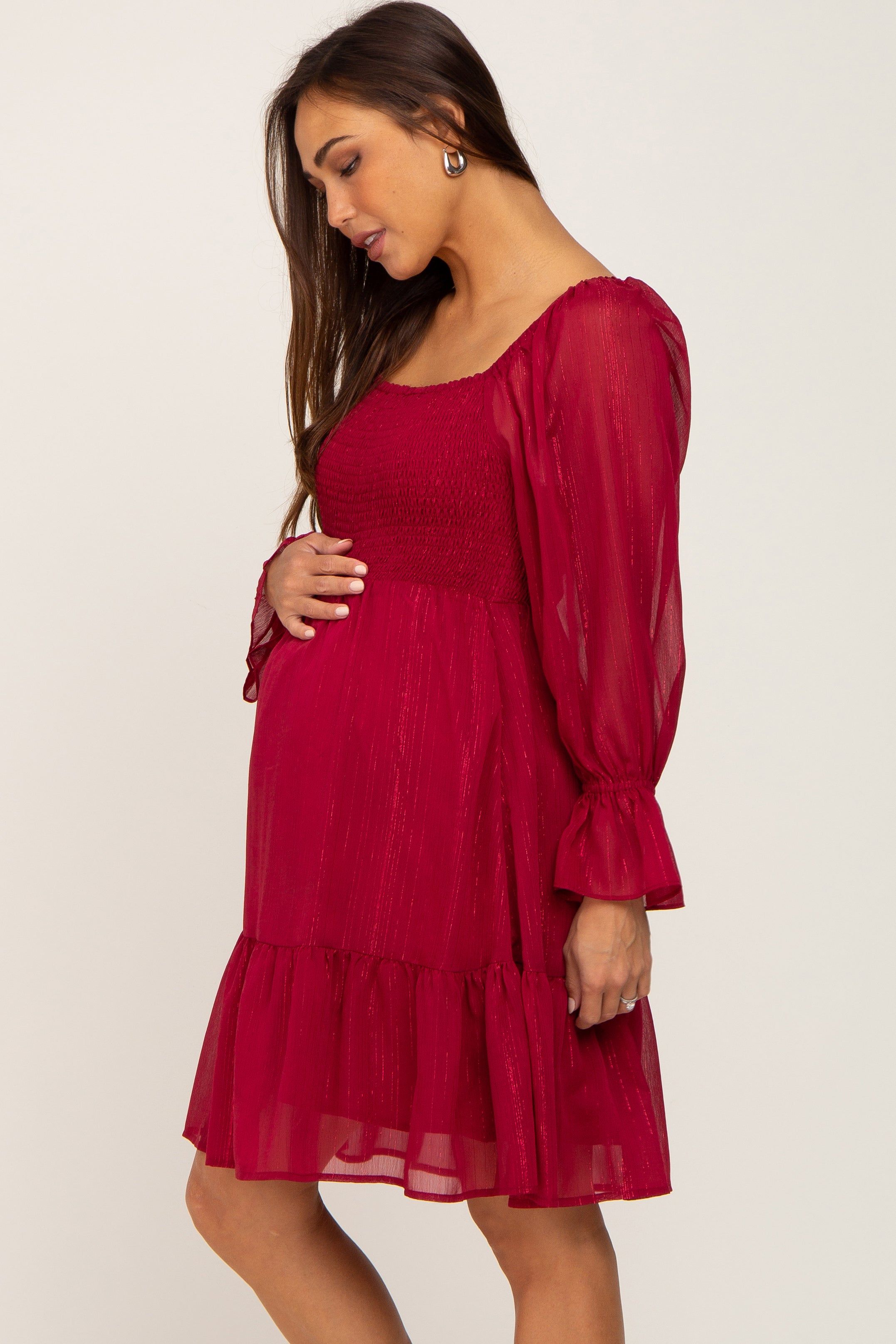 Burgundy Metallic Stripe Smocked Maternity Dress sold by Pinkblush product image thumbnail 2