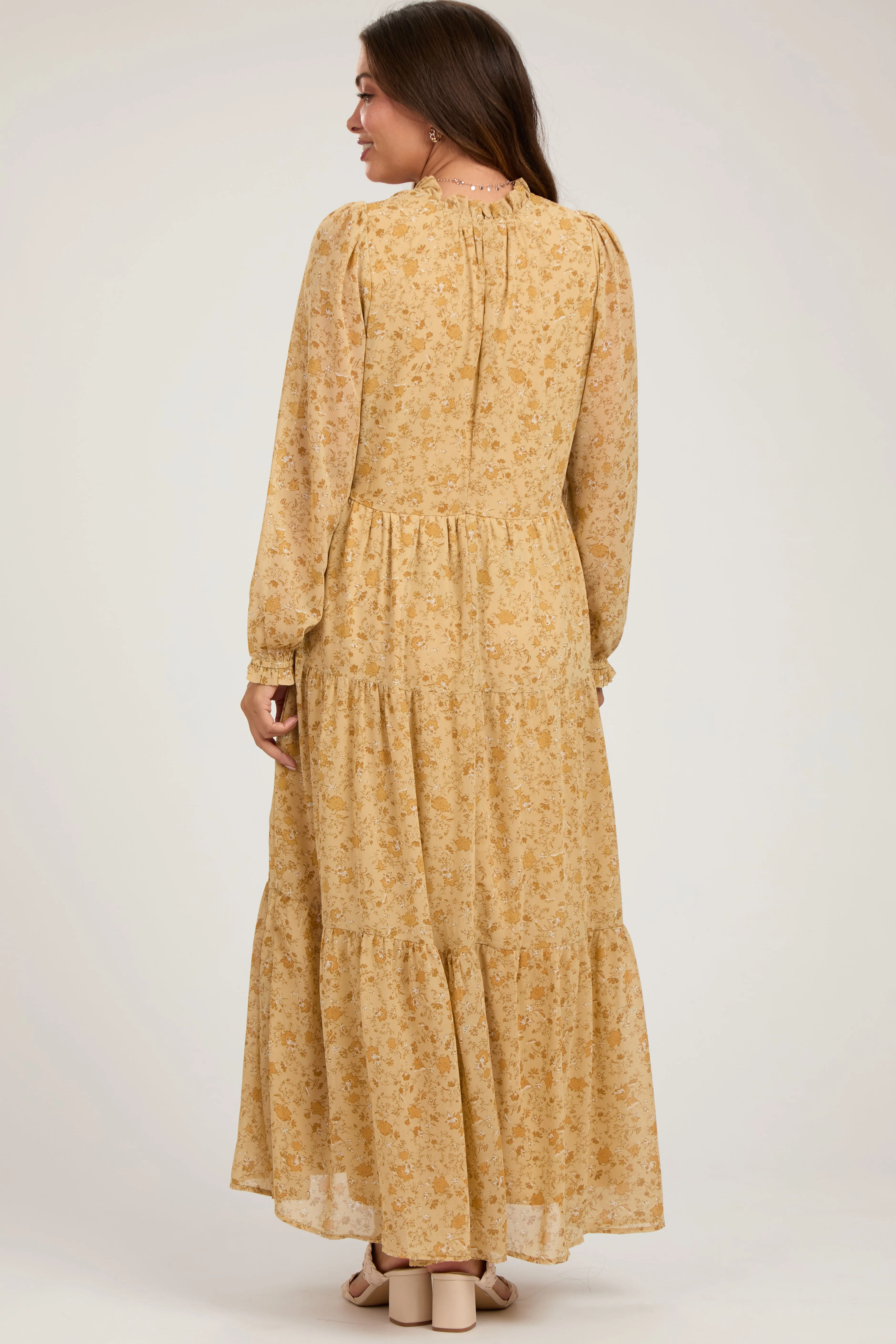 Yellow Floral Chiffon Front Tie Tiered Maternity Maxi Dress sold by Pinkblush product image thumbnail 3