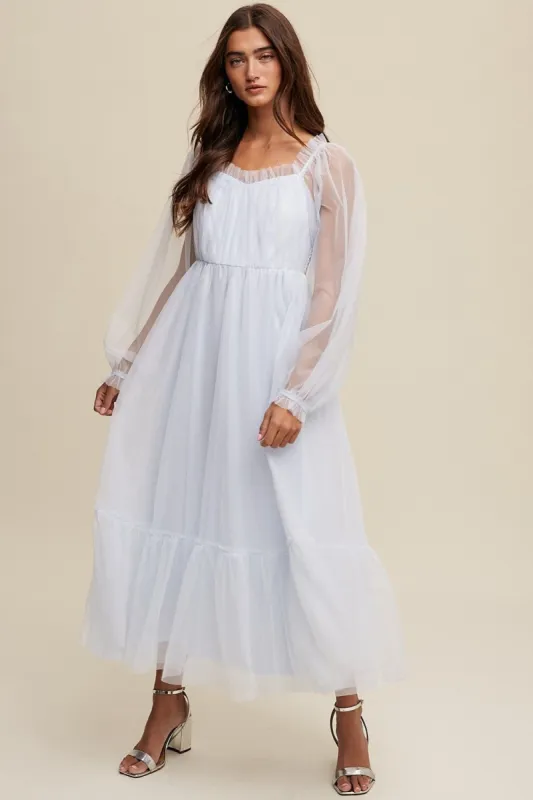 Light Blue Sweetheart Neck Mesh Long Sleeve Maxi Dress sold by Pinkblush