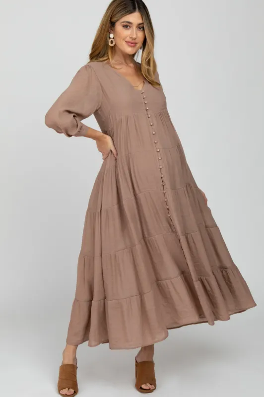 Mocha Button Front Tiered Maternity Maxi Dress sold by Pinkblush