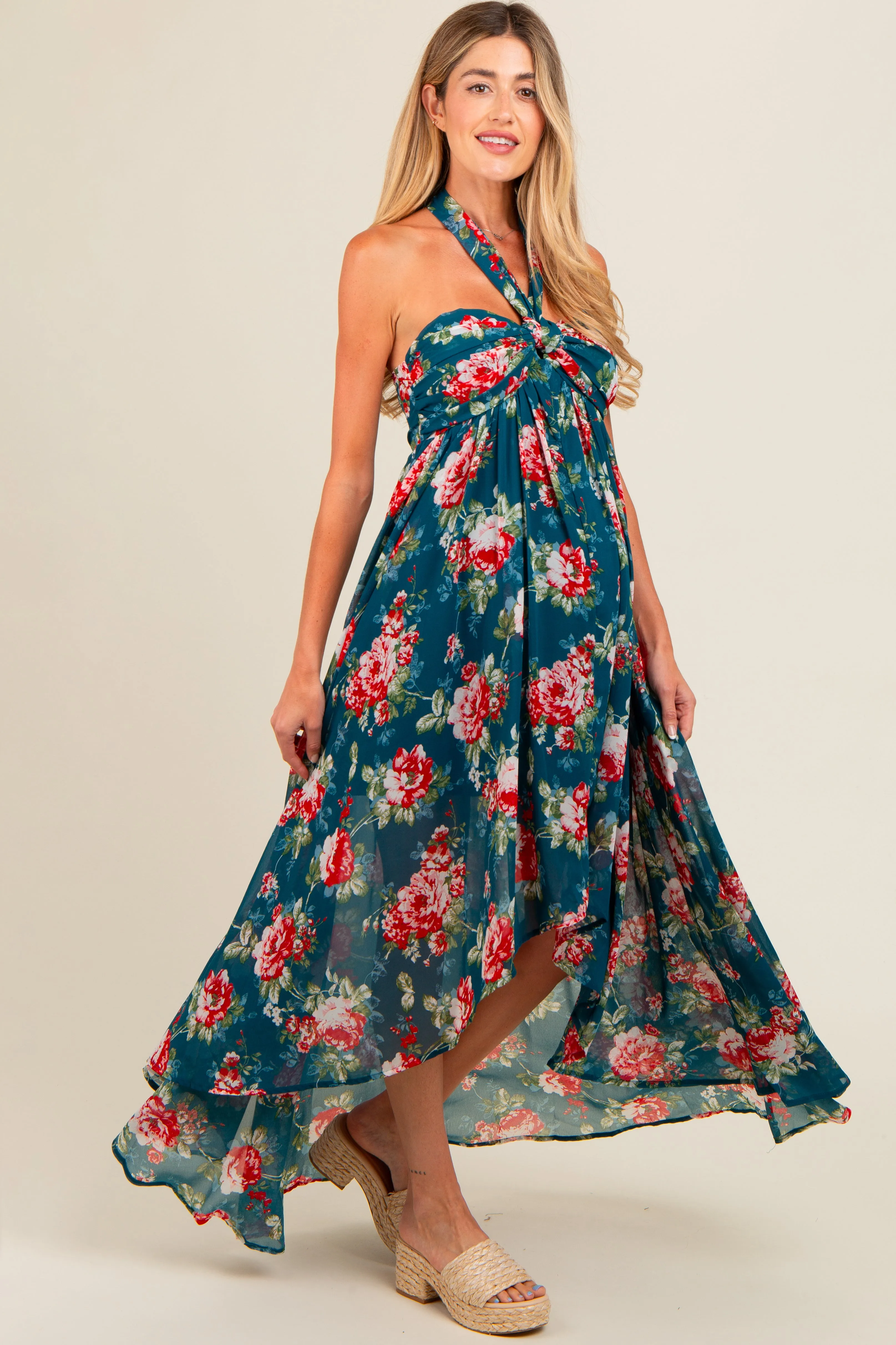 Teal Floral Halter Tie Back Hi-Lo Maternity Dress sold by Pinkblush product image thumbnail 3