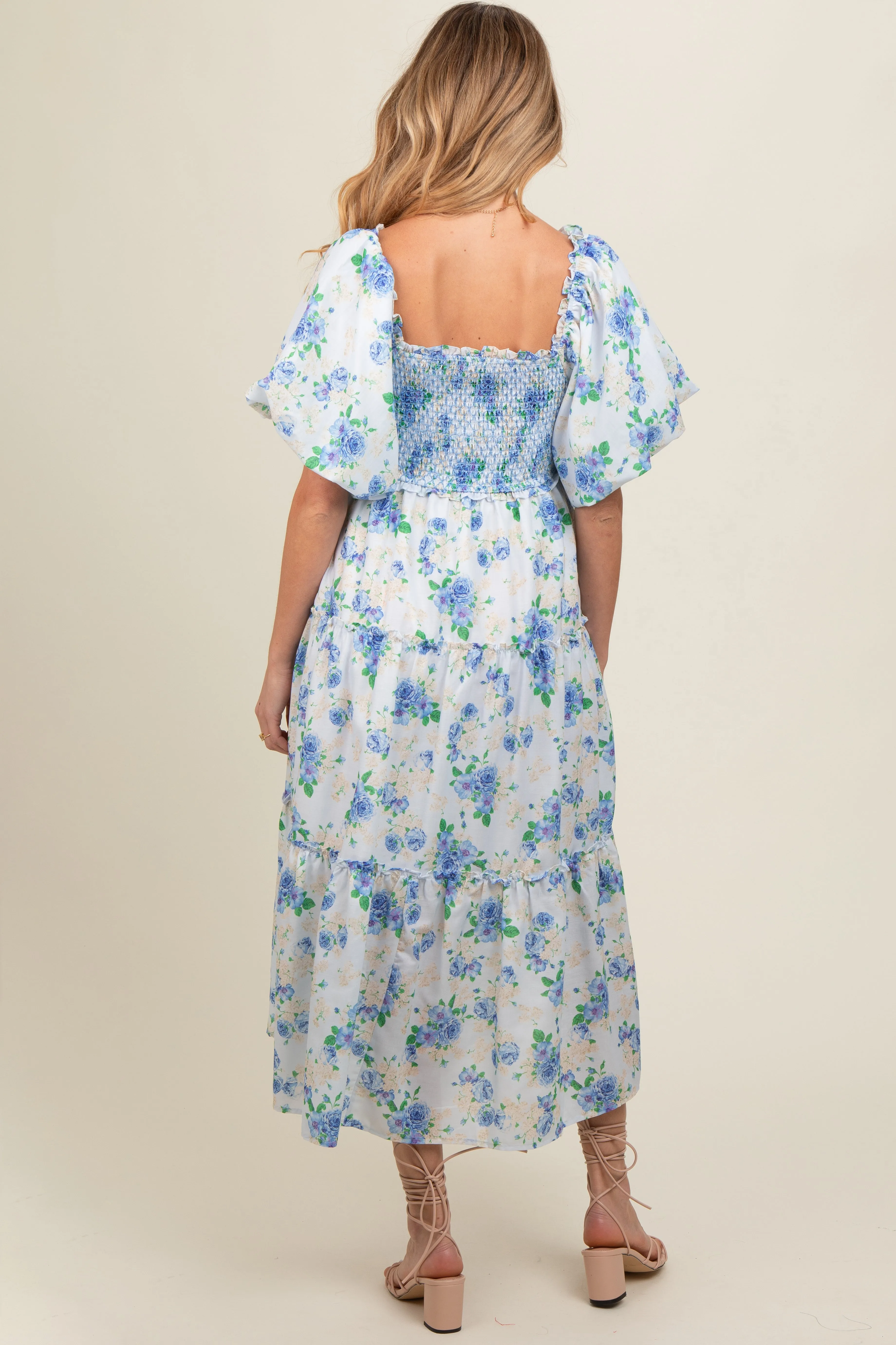 Blue Floral Smocked Puff Sleeve Maternity Midi Dress sold by Pinkblush product image thumbnail 3