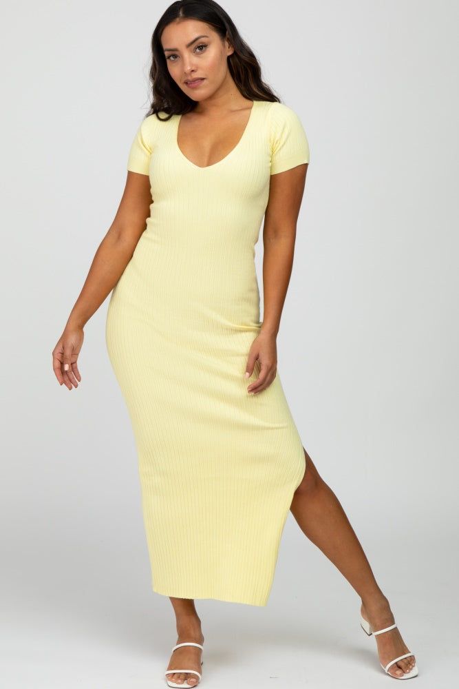 Yellow Ribbed Fitted Side Slit Midi Dress sold by Pinkblush product image thumbnail 2