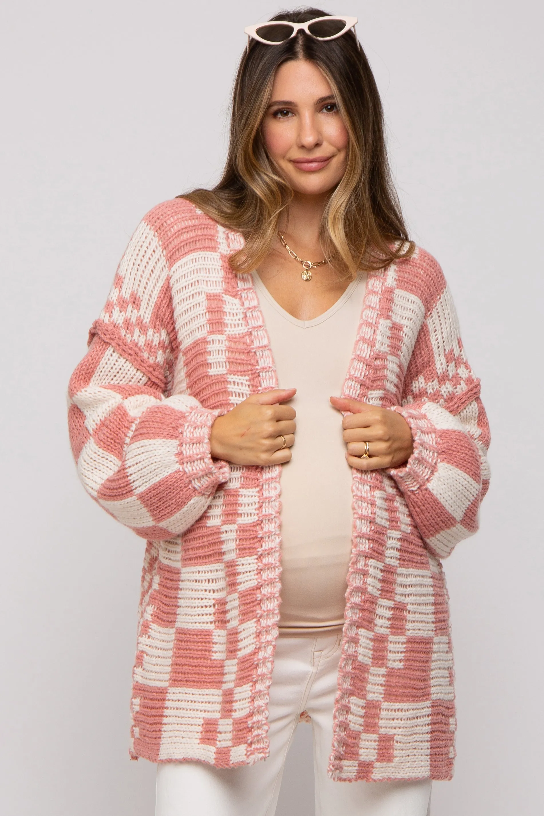 Mauve Checkered Oversized Chunky Knit Maternity Cardigan sold by Pinkblush product image thumbnail 2