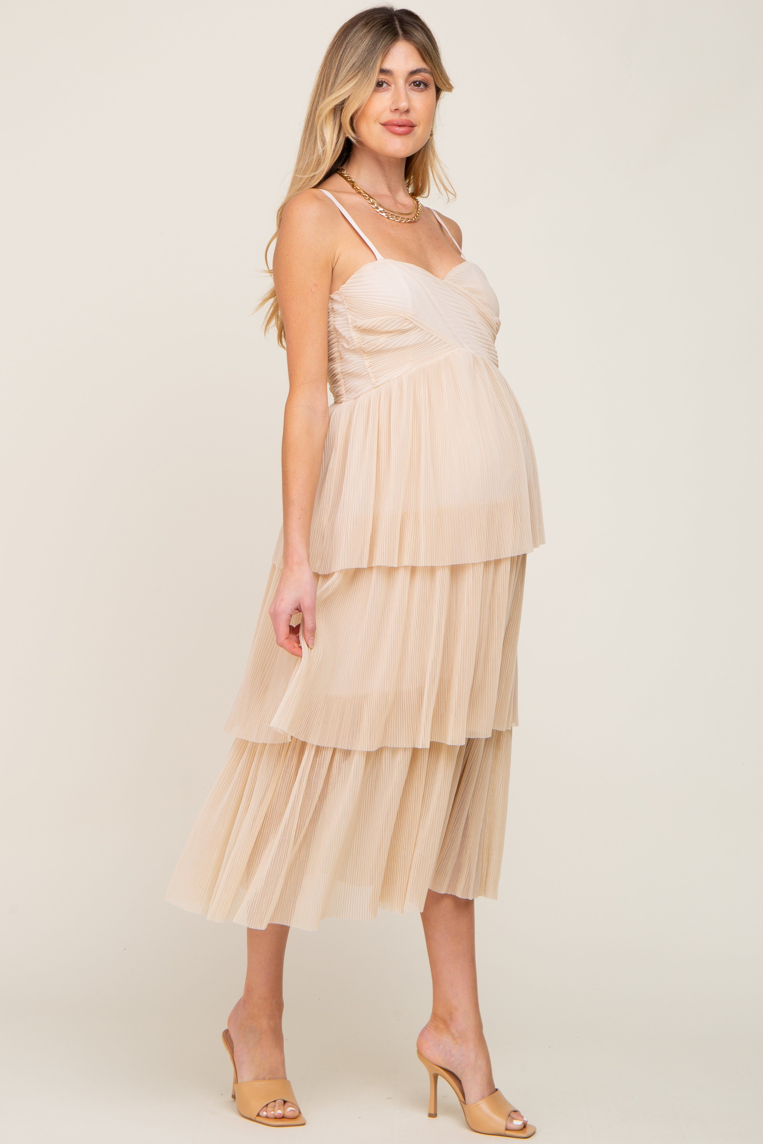 Beige Pleated Tiered Maternity Midi Dress sold by Pinkblush product image thumbnail 2