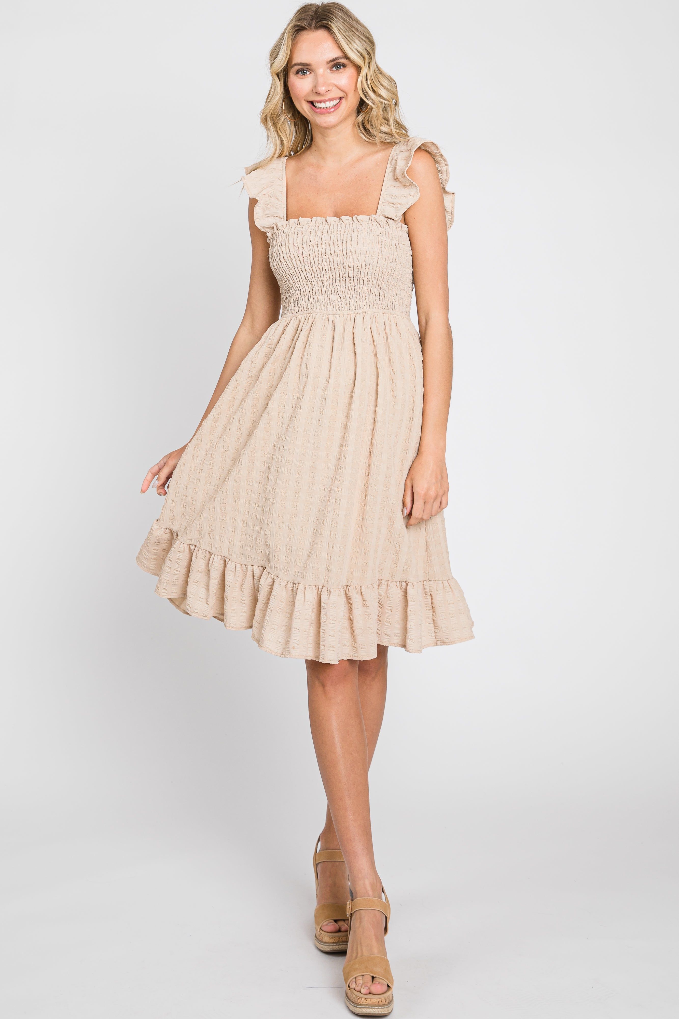 Taupe Textured Sleeveless Smocked Dress sold by Pinkblush product image thumbnail 5