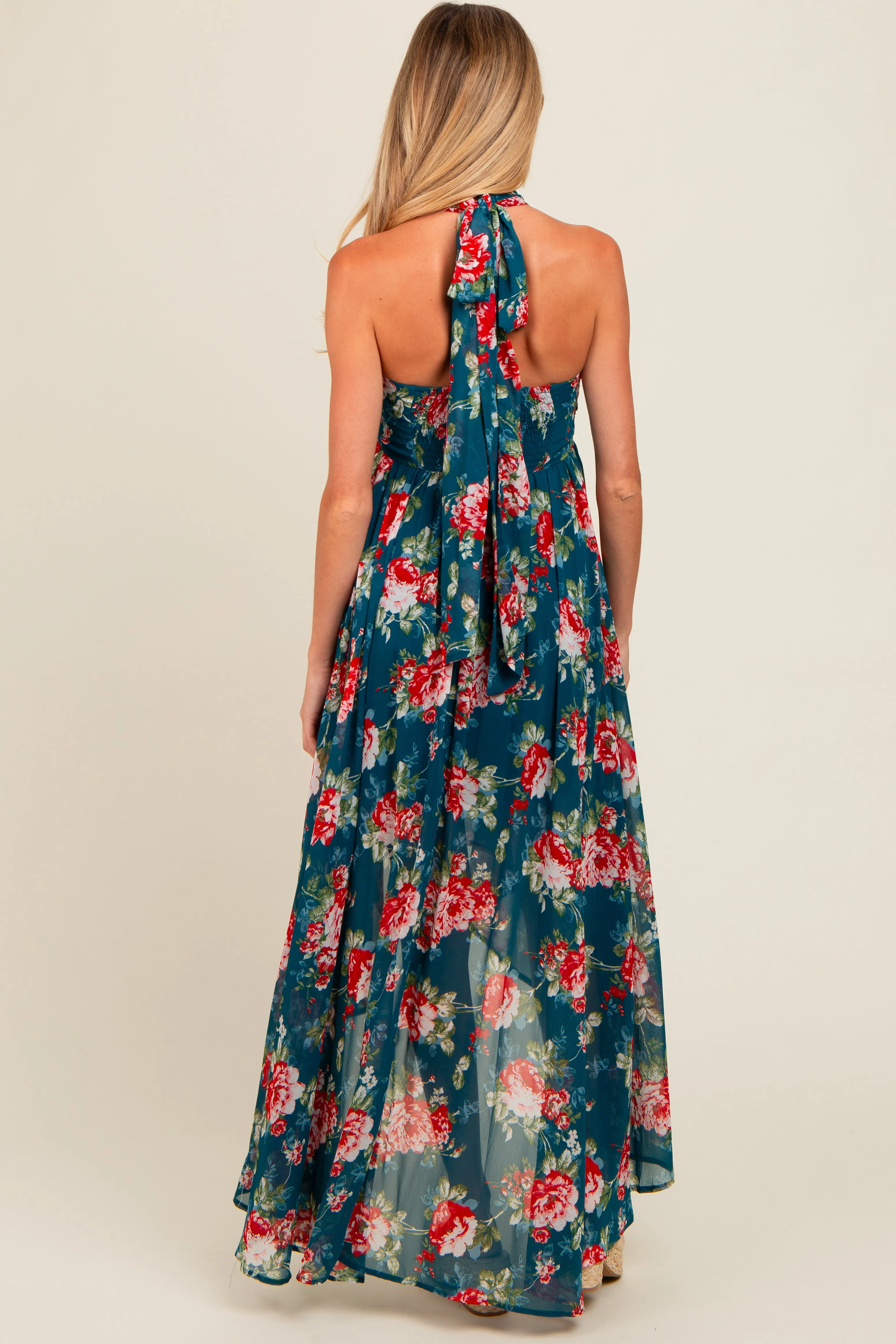 Teal Floral Halter Tie Back Hi-Lo Maternity Dress sold by Pinkblush product image thumbnail 4
