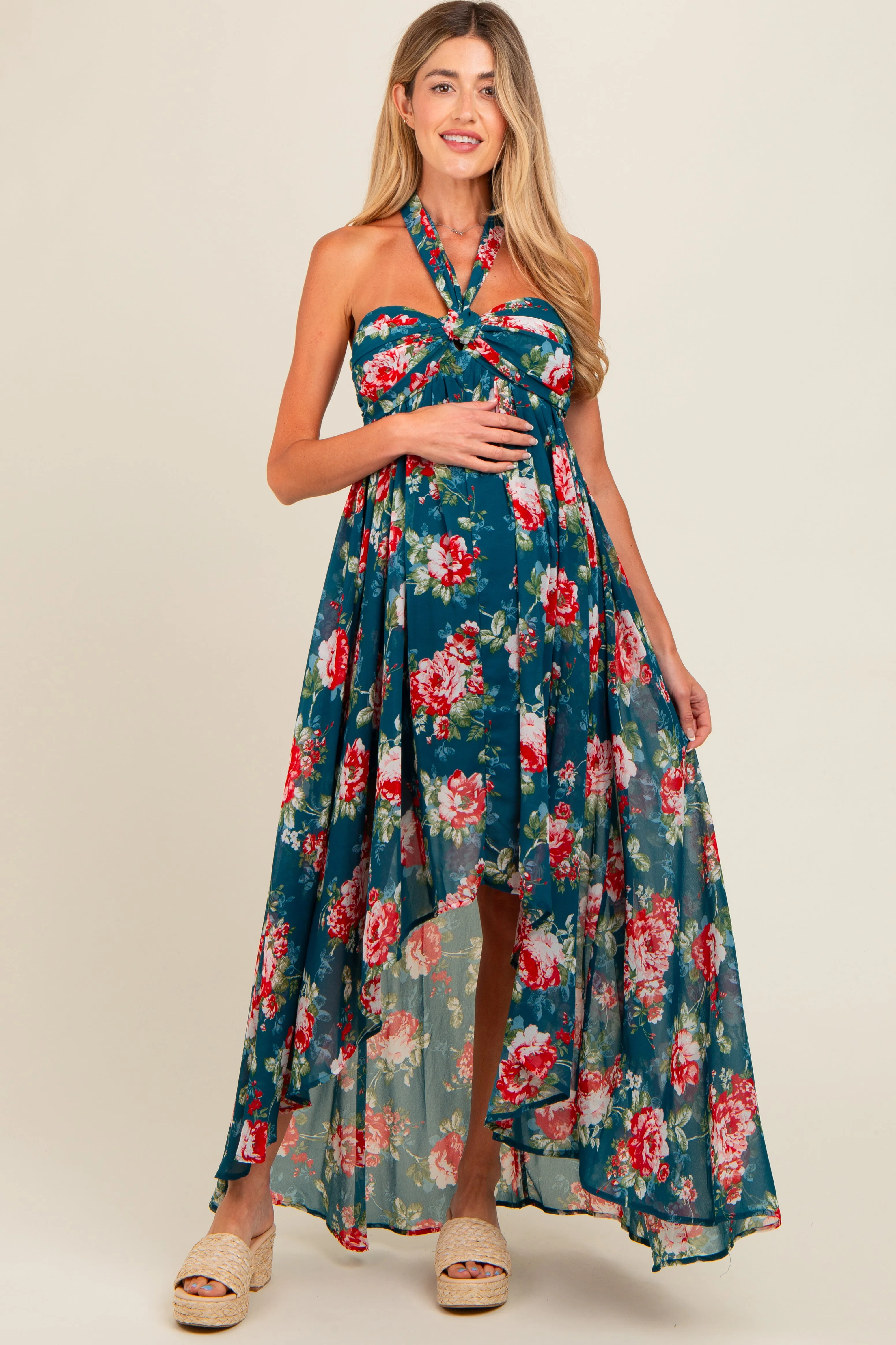 Teal Floral Halter Tie Back Hi-Lo Maternity Dress sold by Pinkblush