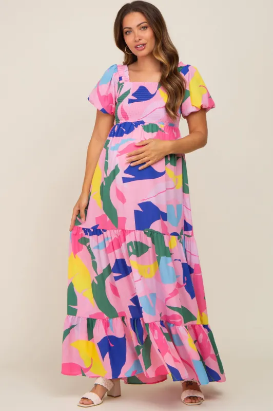 Pink Abstract Print Puff Sleeve Maternity Maxi Dress sold by Pinkblush