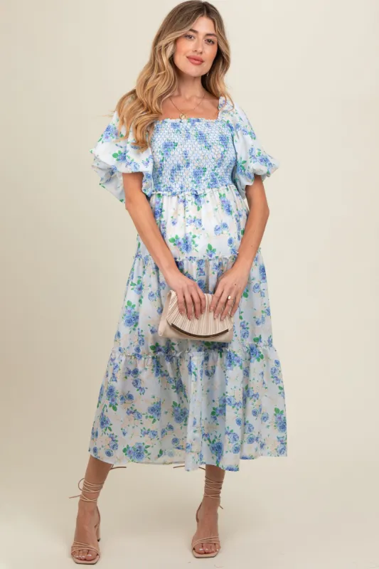 Blue Floral Smocked Puff Sleeve Maternity Midi Dress sold by Pinkblush