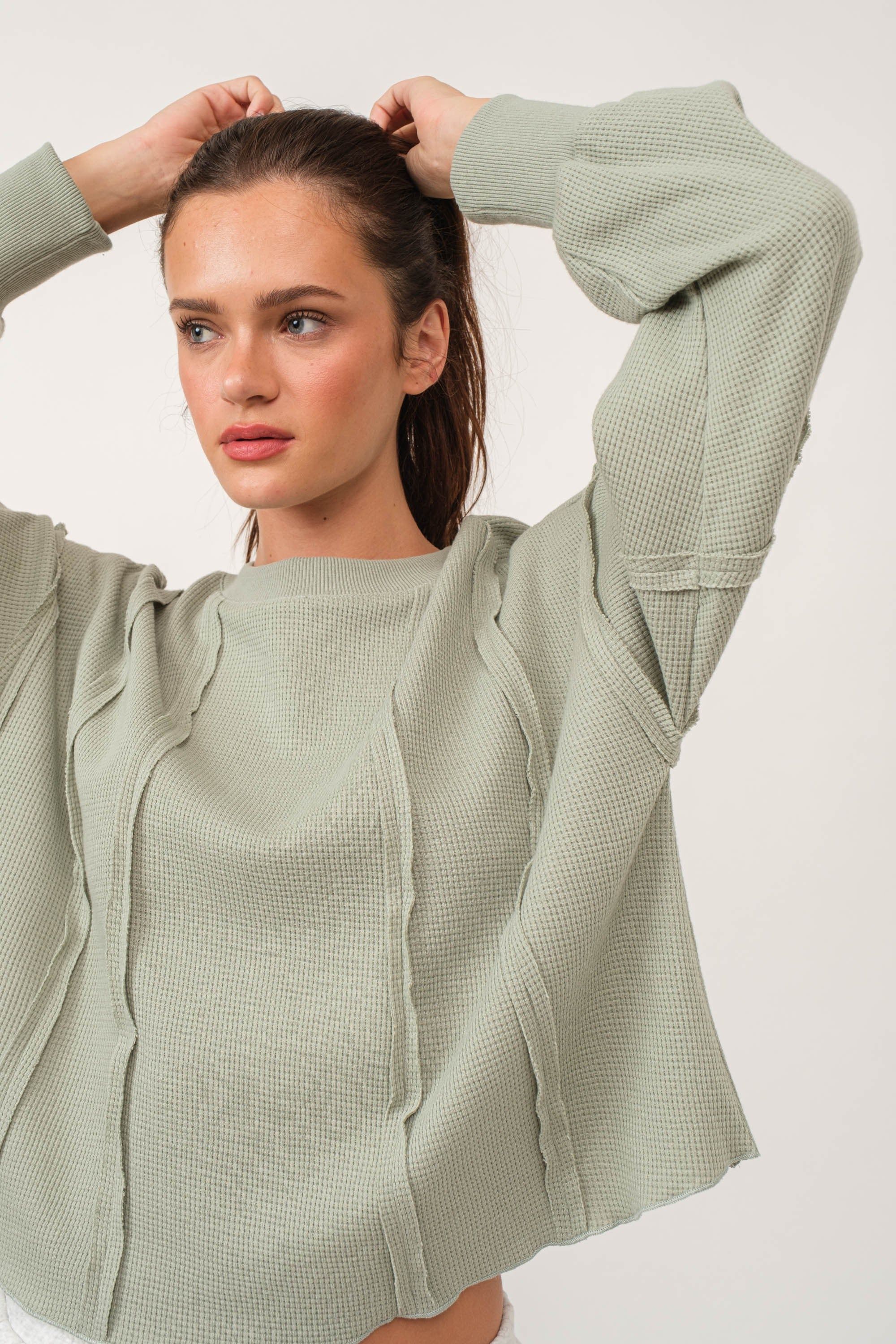Sage Seam Detailed Waffle Knit Top sold by Pinkblush