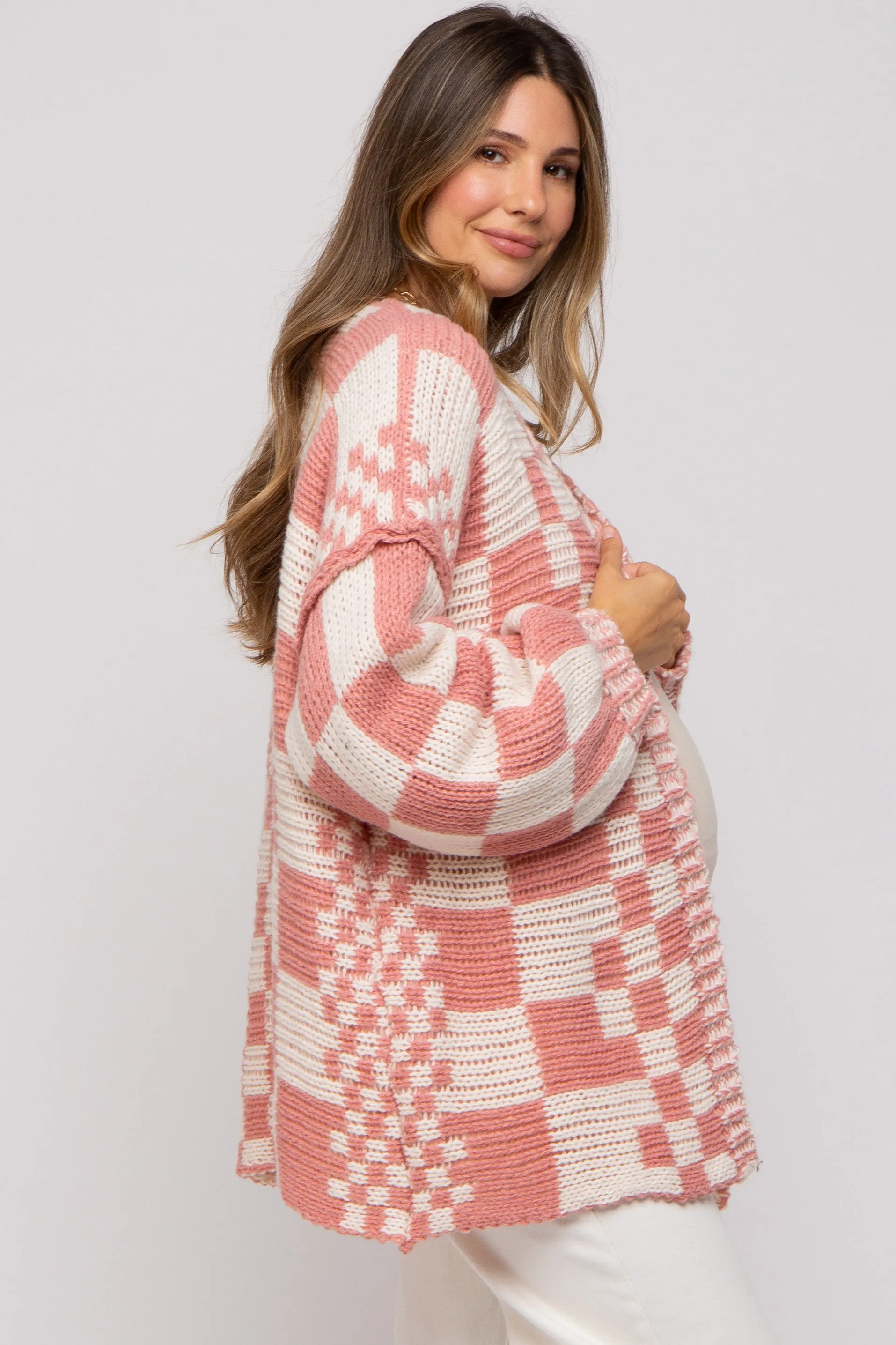 Mauve Checkered Oversized Chunky Knit Maternity Cardigan sold by Pinkblush product image thumbnail 3