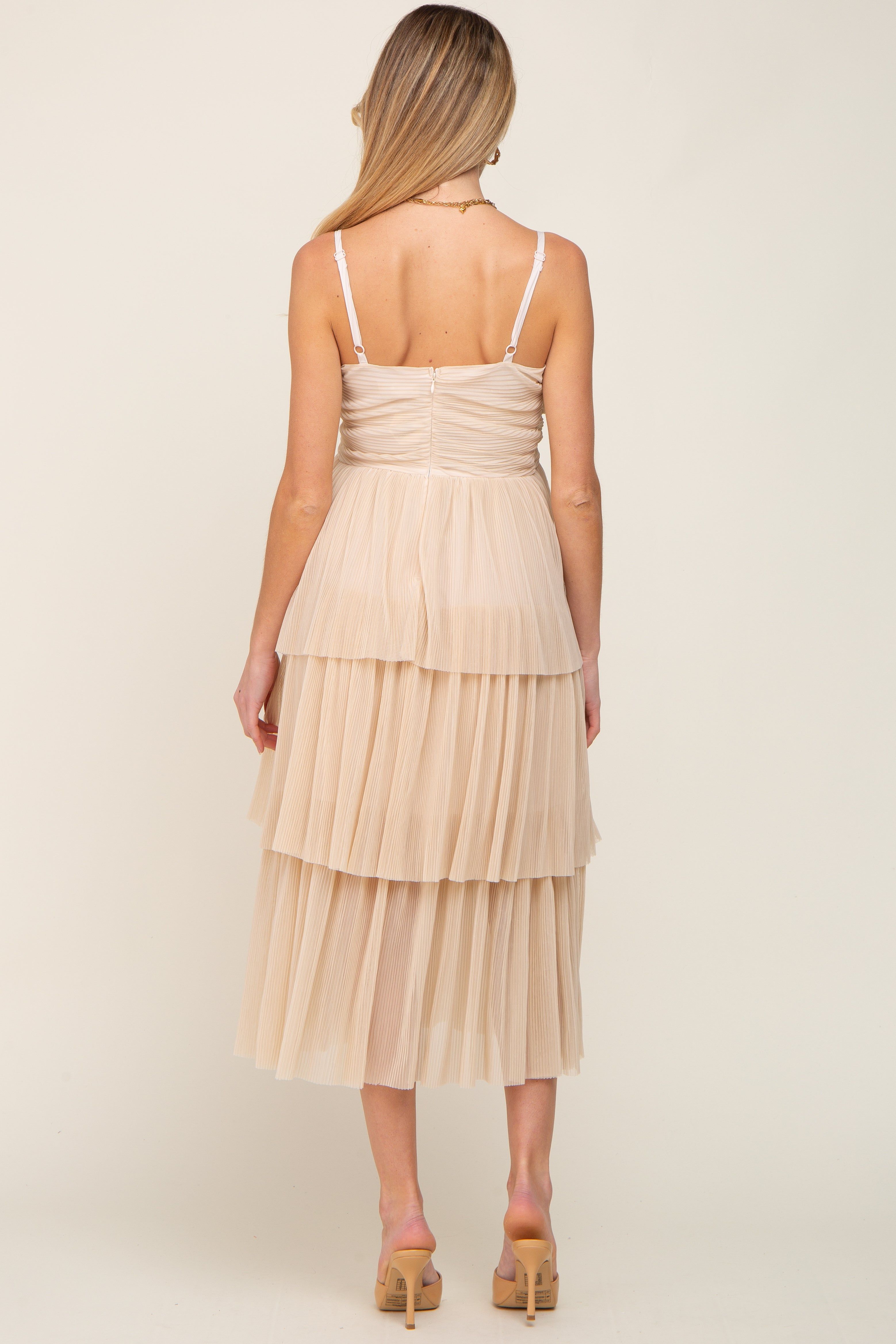 Beige Pleated Tiered Maternity Midi Dress sold by Pinkblush product image thumbnail 3
