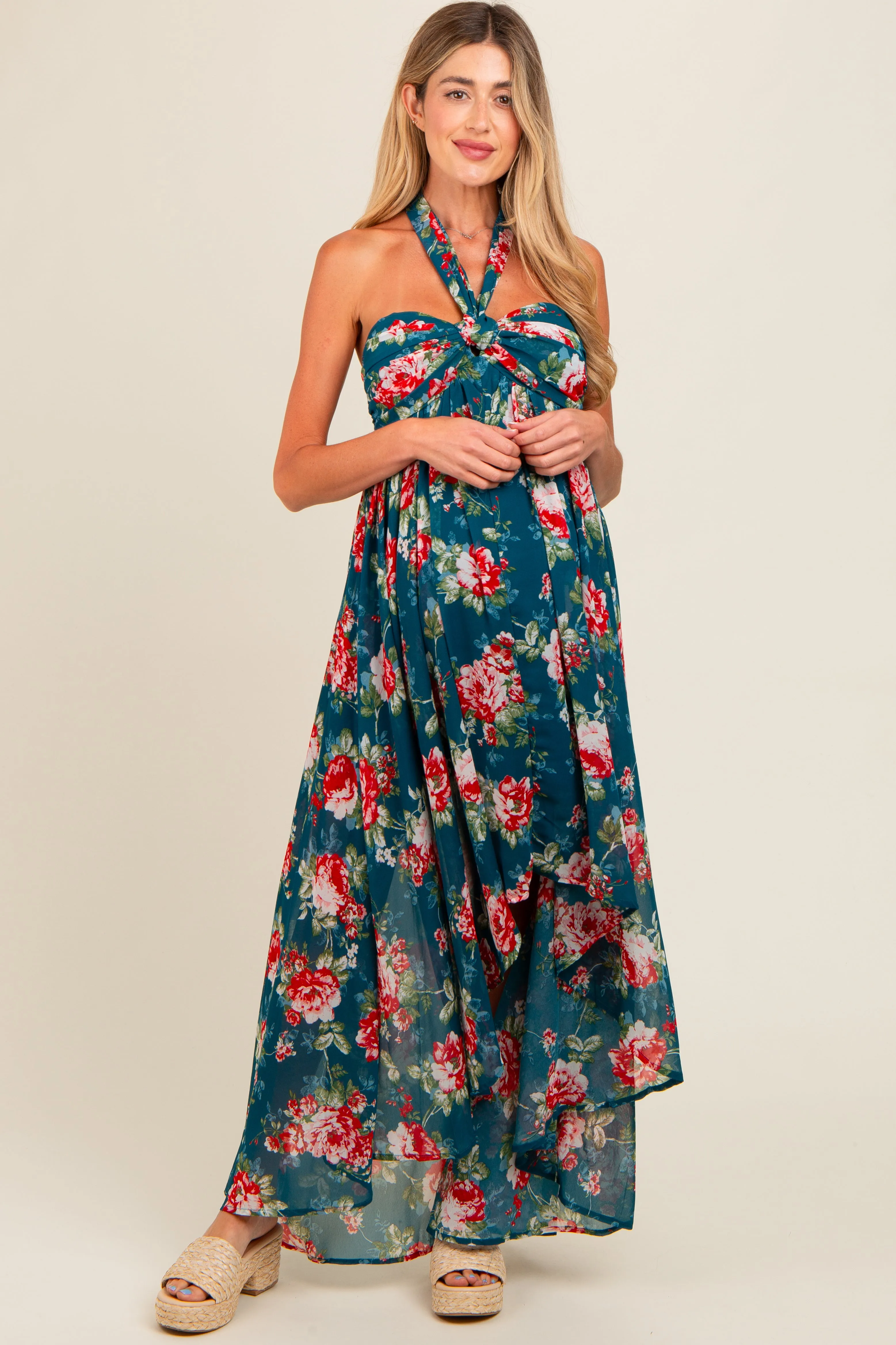 Teal Floral Halter Tie Back Hi-Lo Maternity Dress sold by Pinkblush product image thumbnail 2