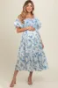 Blue Floral Smocked Puff Sleeve Maternity Midi Dress sold by Pinkblush