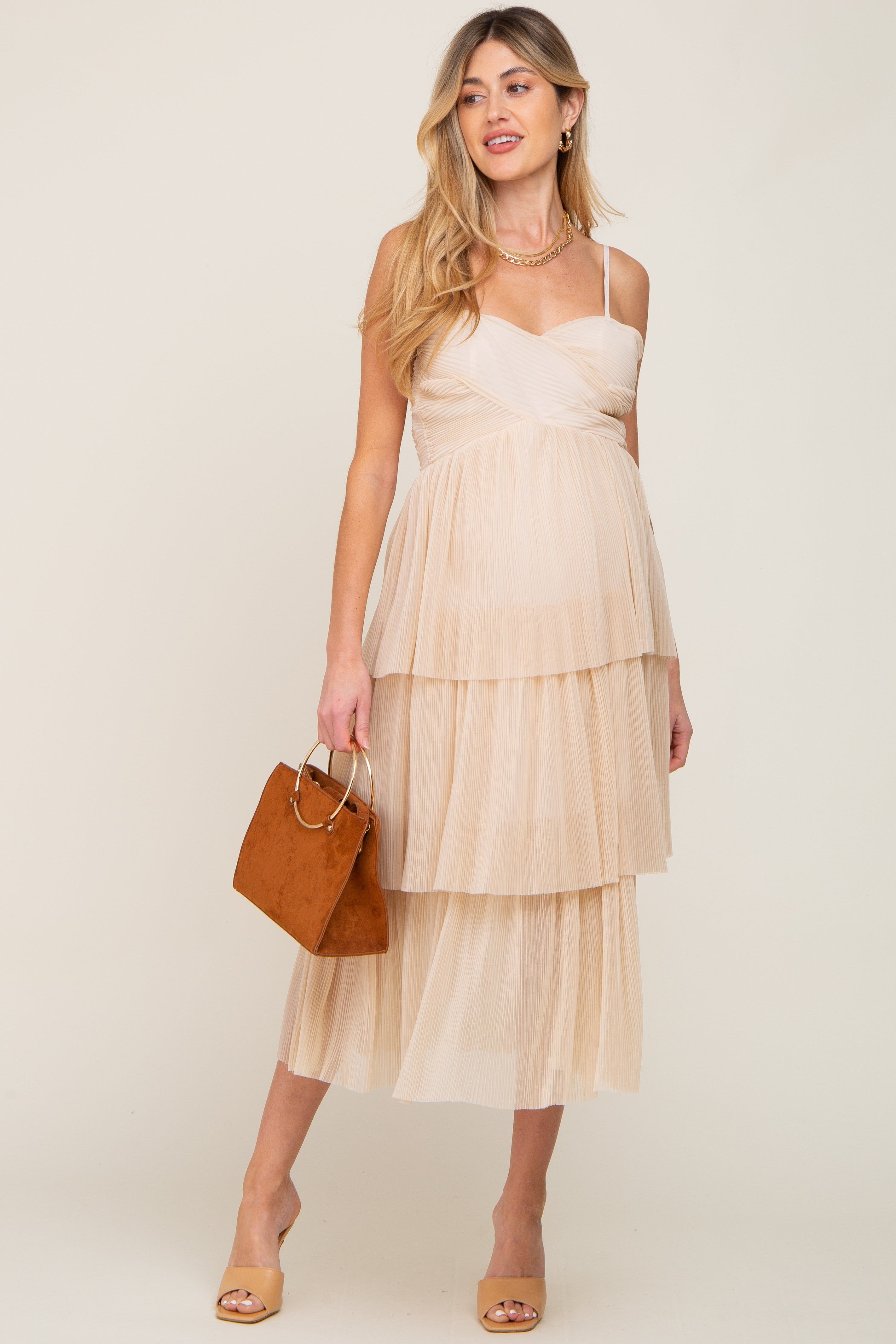 Beige Pleated Tiered Maternity Midi Dress sold by Pinkblush product image thumbnail 4
