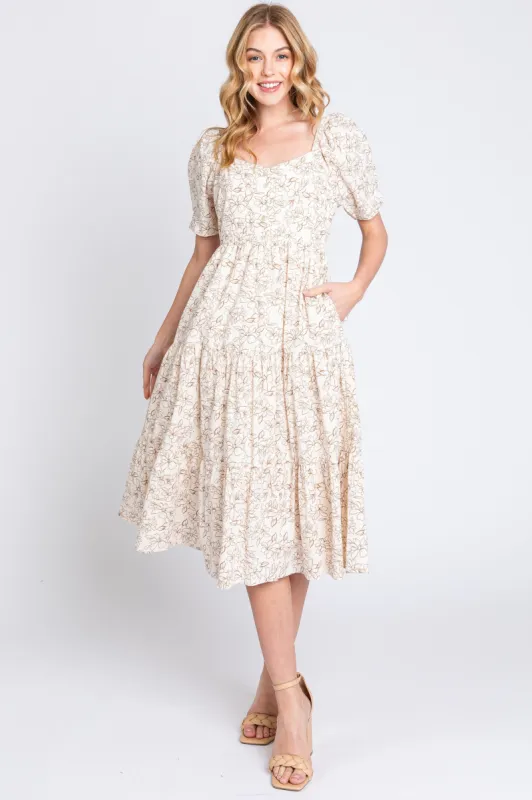 Taupe Floral Square Neck Tiered Midi Dress sold by Pinkblush
