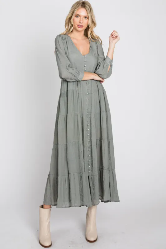 Light Olive Button Front Tiered Maxi Dress sold by Pinkblush