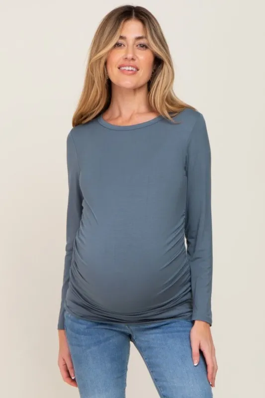 Teal Ruched Long Sleeve Maternity Top sold by Pinkblush