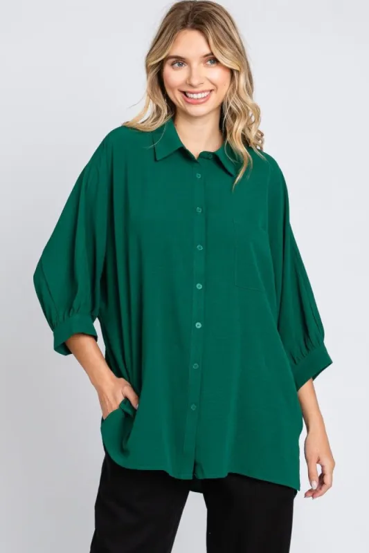 Forest Green Button Down 3/4 Sleeve Top sold by Pinkblush