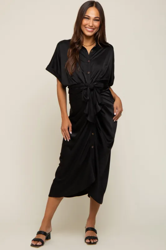Black Satin Button Down Gathered Maternity Midi Dress sold by Pinkblush