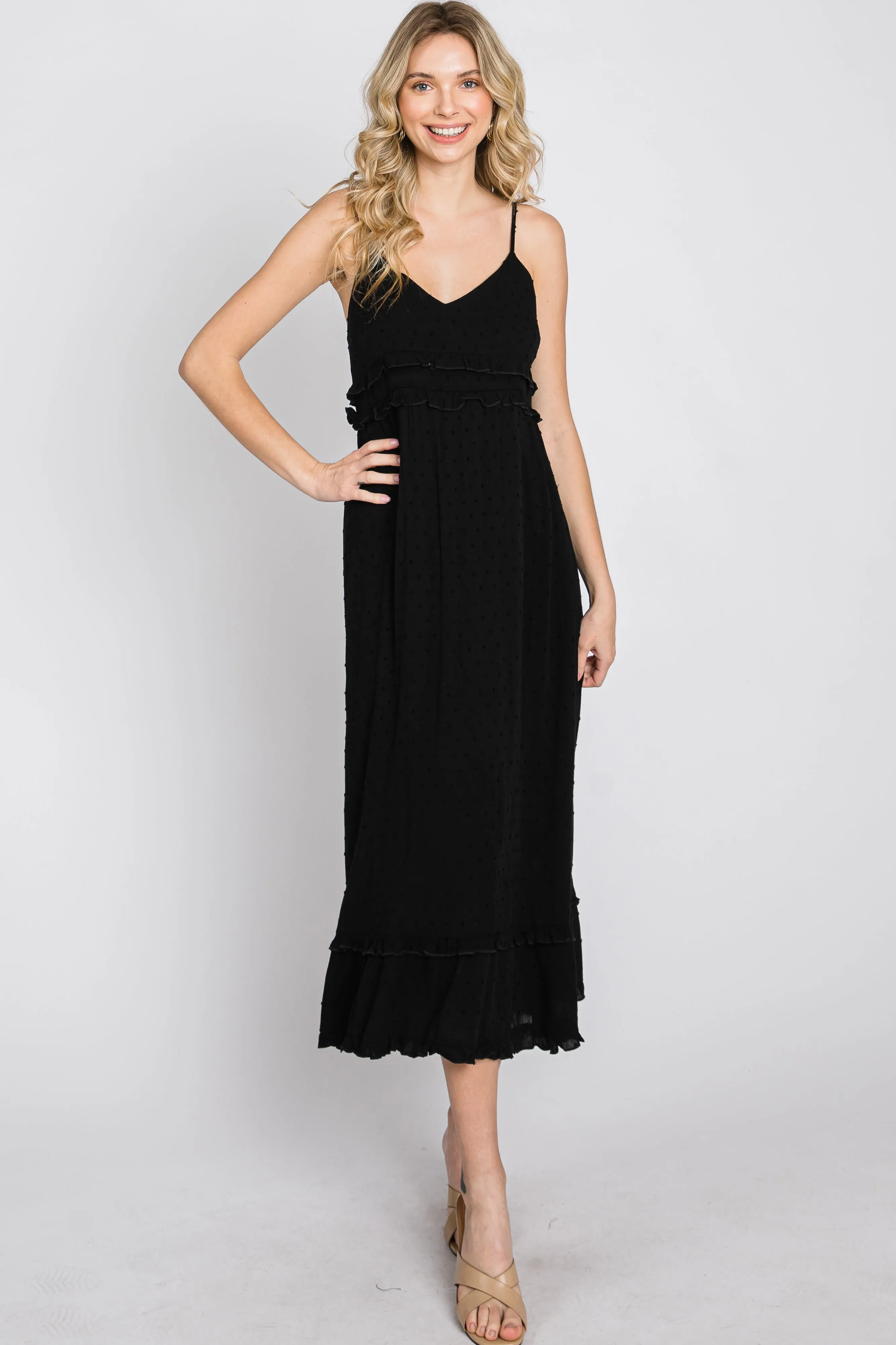 Black Swiss Dot Ruffle Accent Maxi Dress sold by Pinkblush product image thumbnail 4