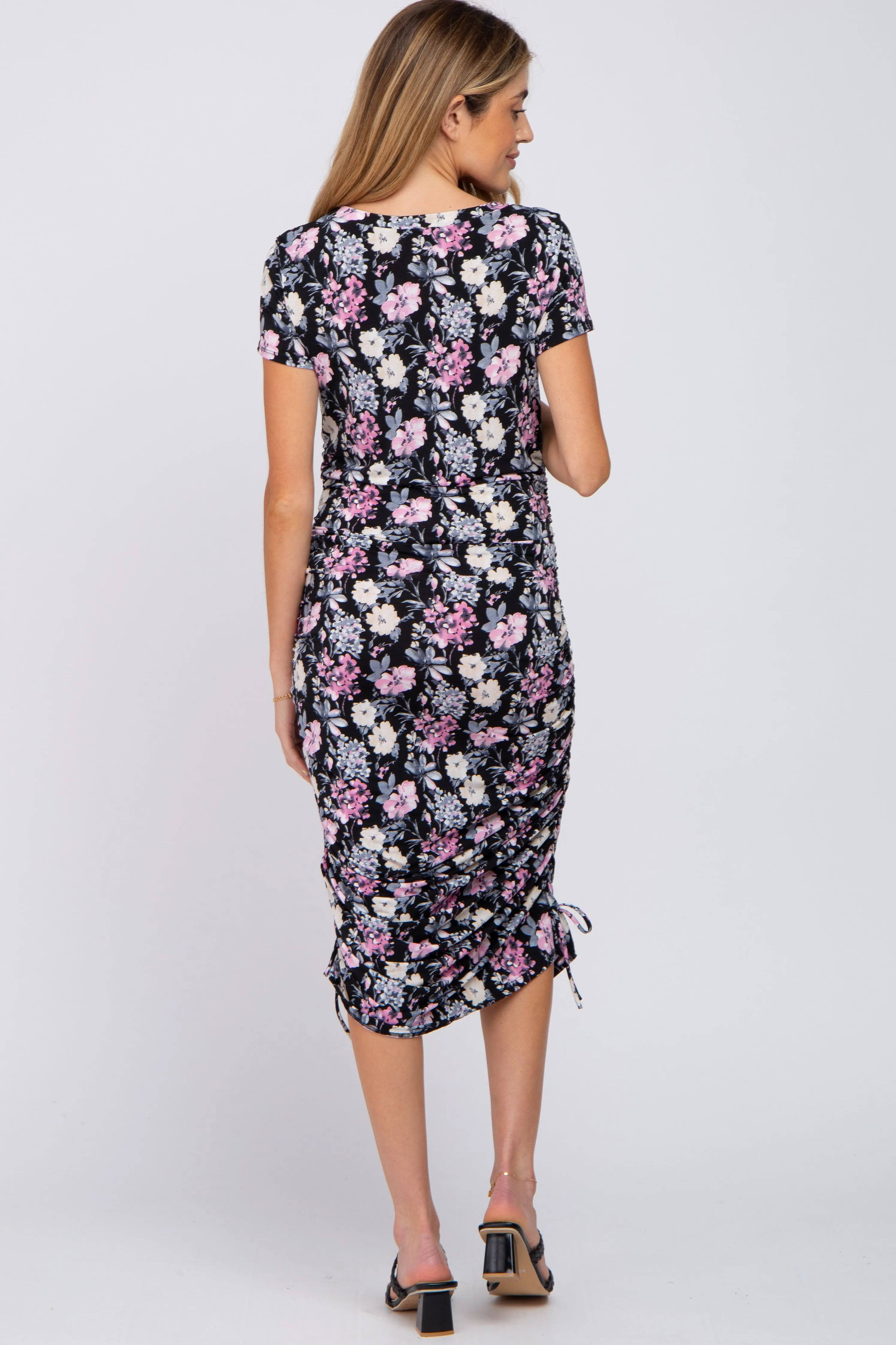 Black Floral Fitted Ruched Maternity Midi Dress sold by Pinkblush product image thumbnail 3