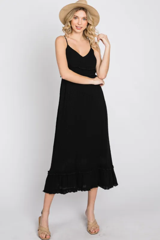 Black Swiss Dot Ruffle Accent Maxi Dress sold by Pinkblush