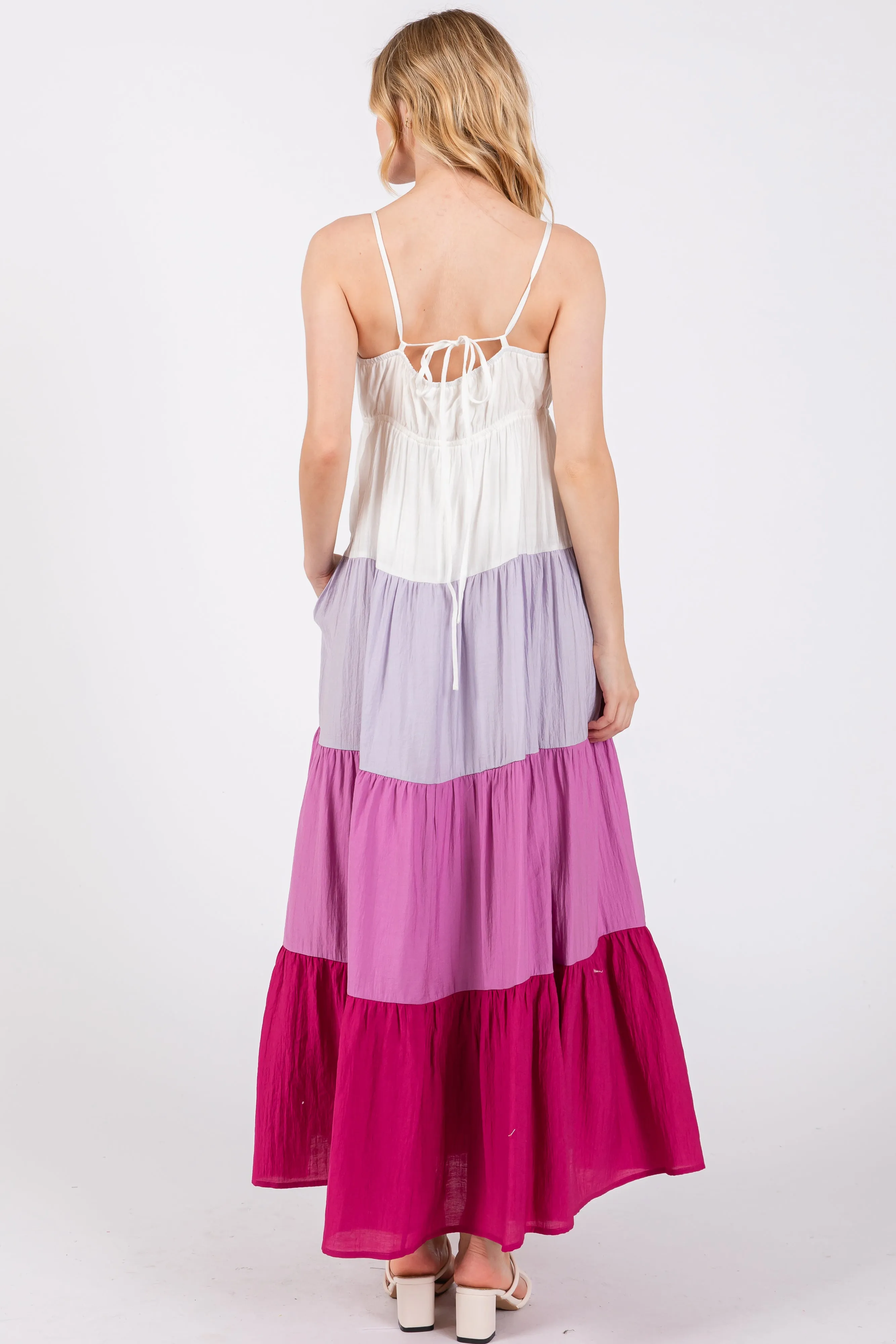 Magenta V-Neck Tiered Color Block Midi Dress sold by Pinkblush product image thumbnail 3