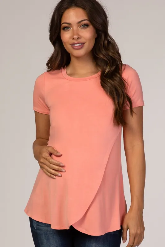 Coral Layered Wrap Front Maternity Nursing Top made by Pinkblush