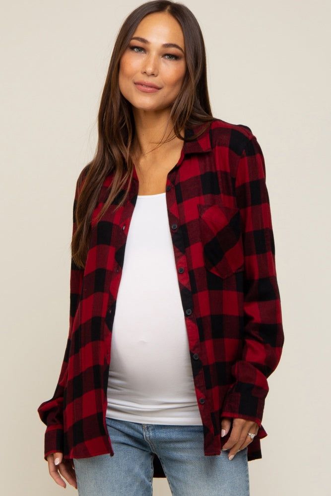 Red Checkered Maternity Long Sleeve Button Down Top sold by Pinkblush