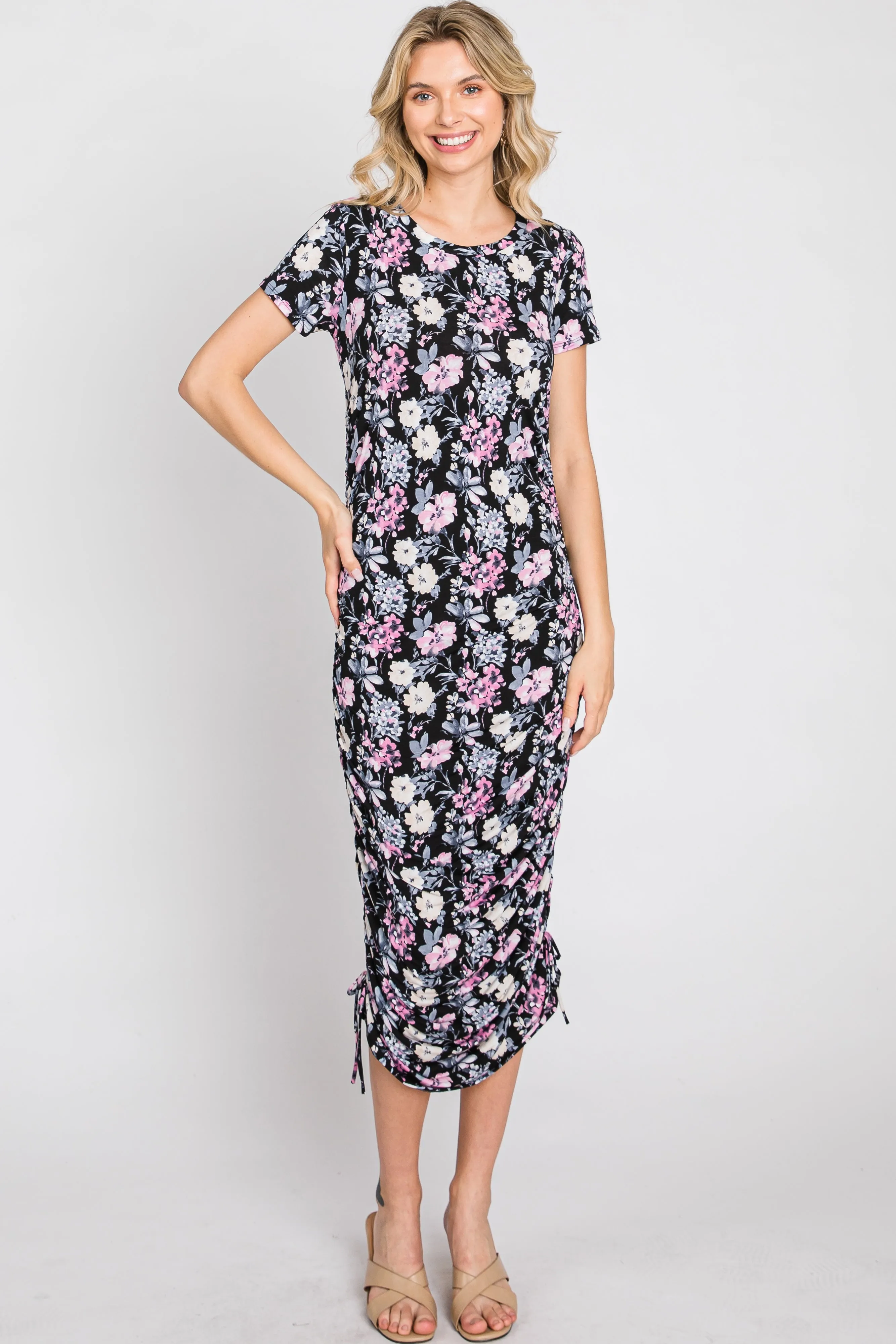 Black Floral Fitted Ruched Maternity Midi Dress sold by Pinkblush product image thumbnail 4
