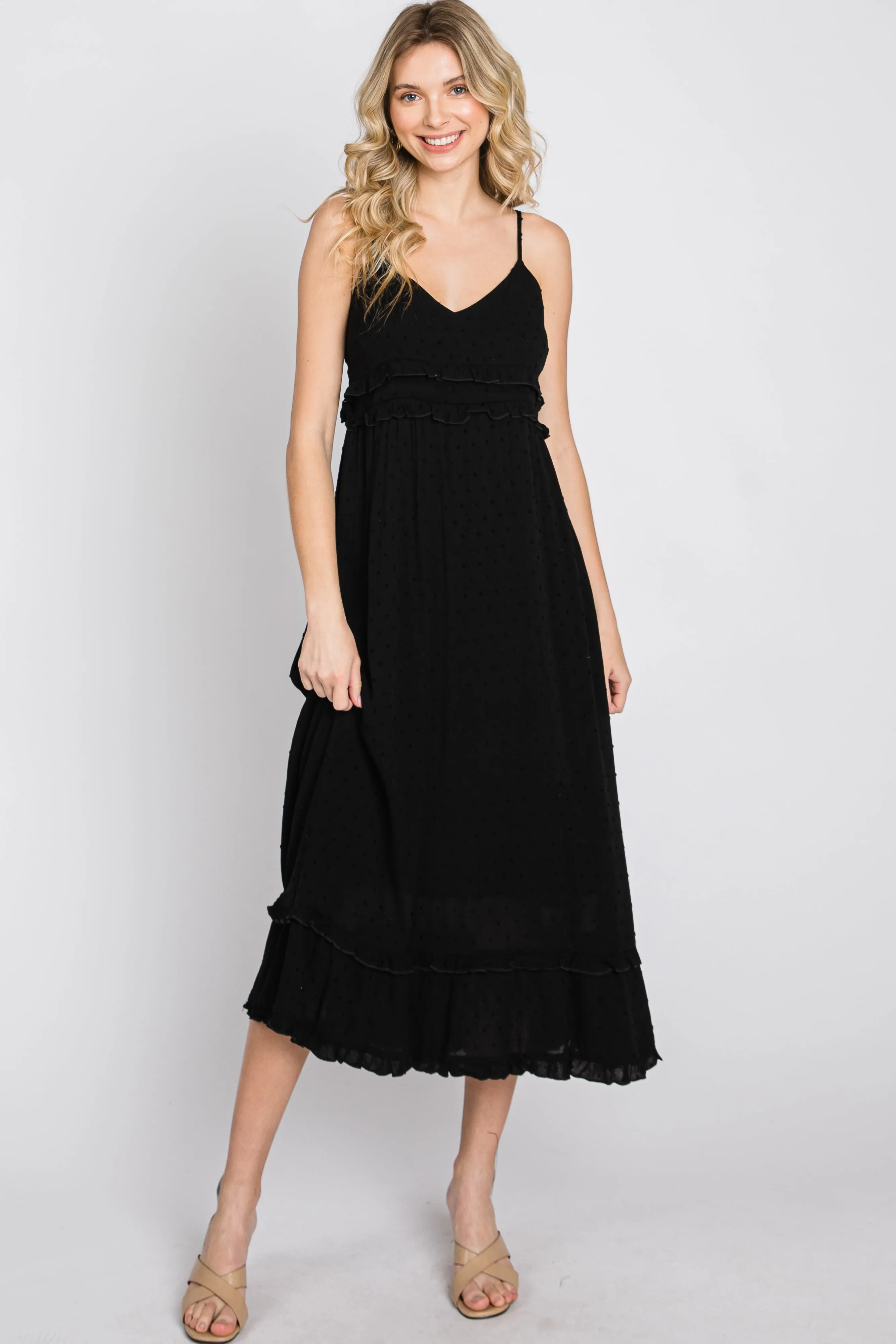 Black Swiss Dot Ruffle Accent Maxi Dress sold by Pinkblush product image thumbnail 2