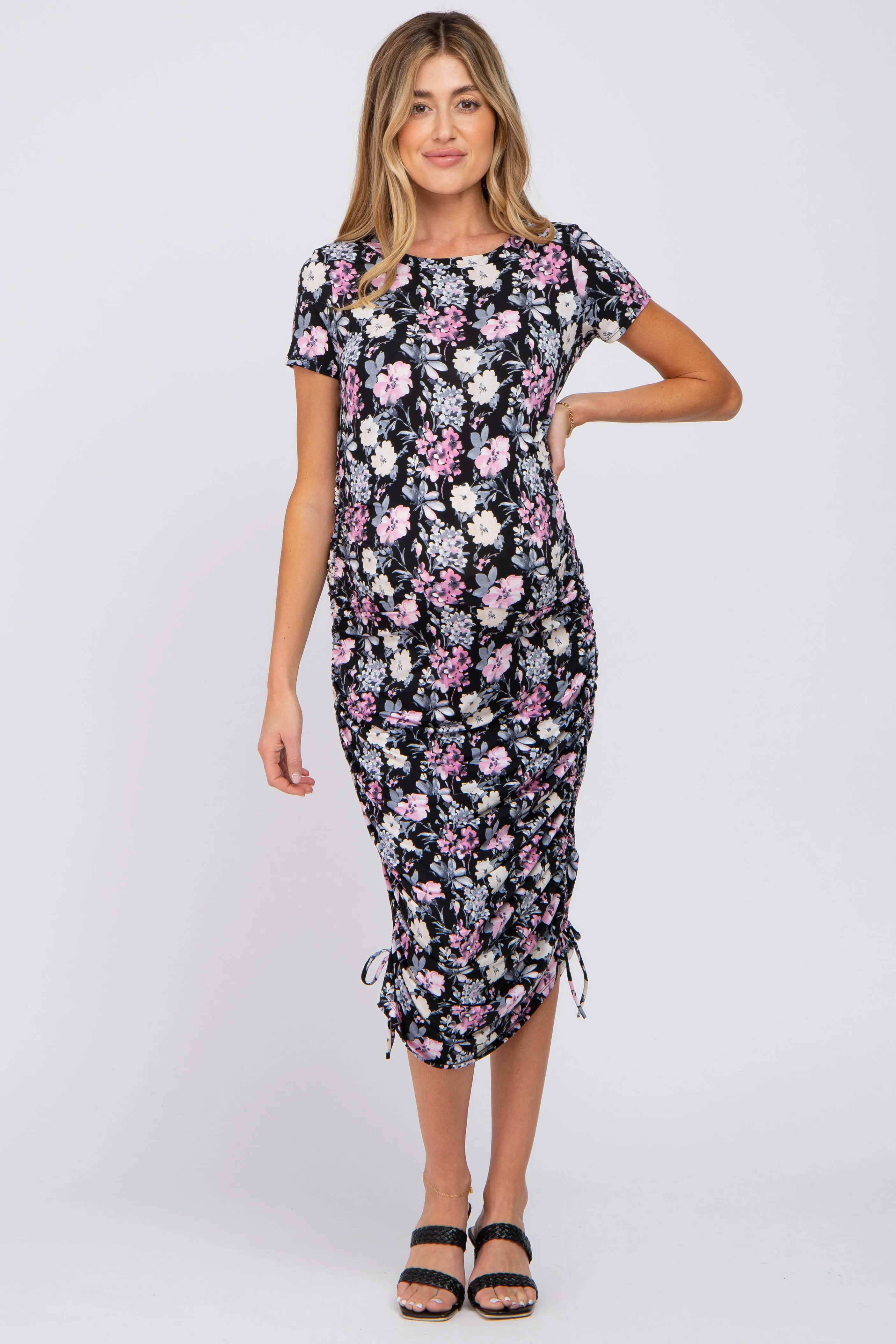 Black Floral Fitted Ruched Maternity Midi Dress sold by Pinkblush