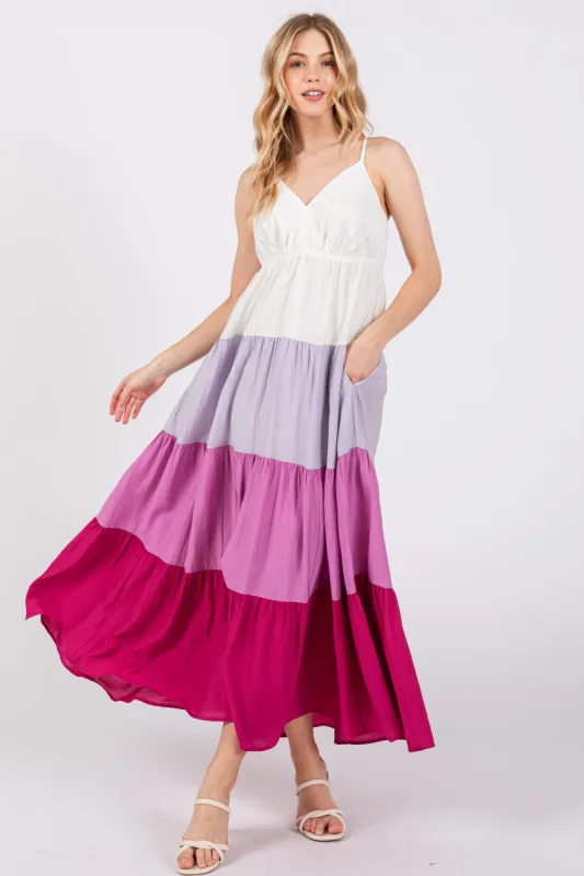 Magenta V-Neck Tiered Color Block Midi Dress sold by Pinkblush