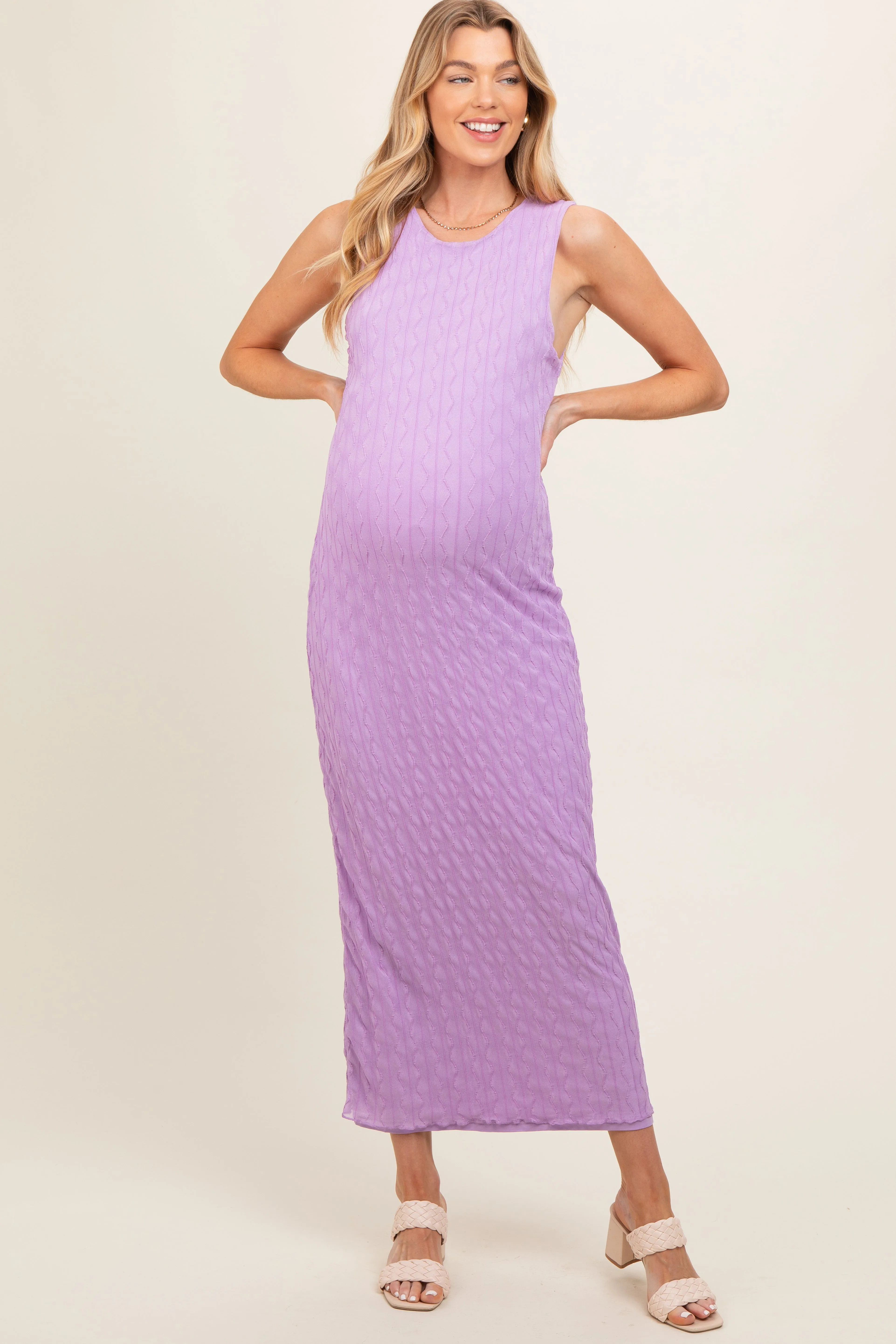 Lavender Mesh Overlay Maternity Midi Dress sold by Pinkblush