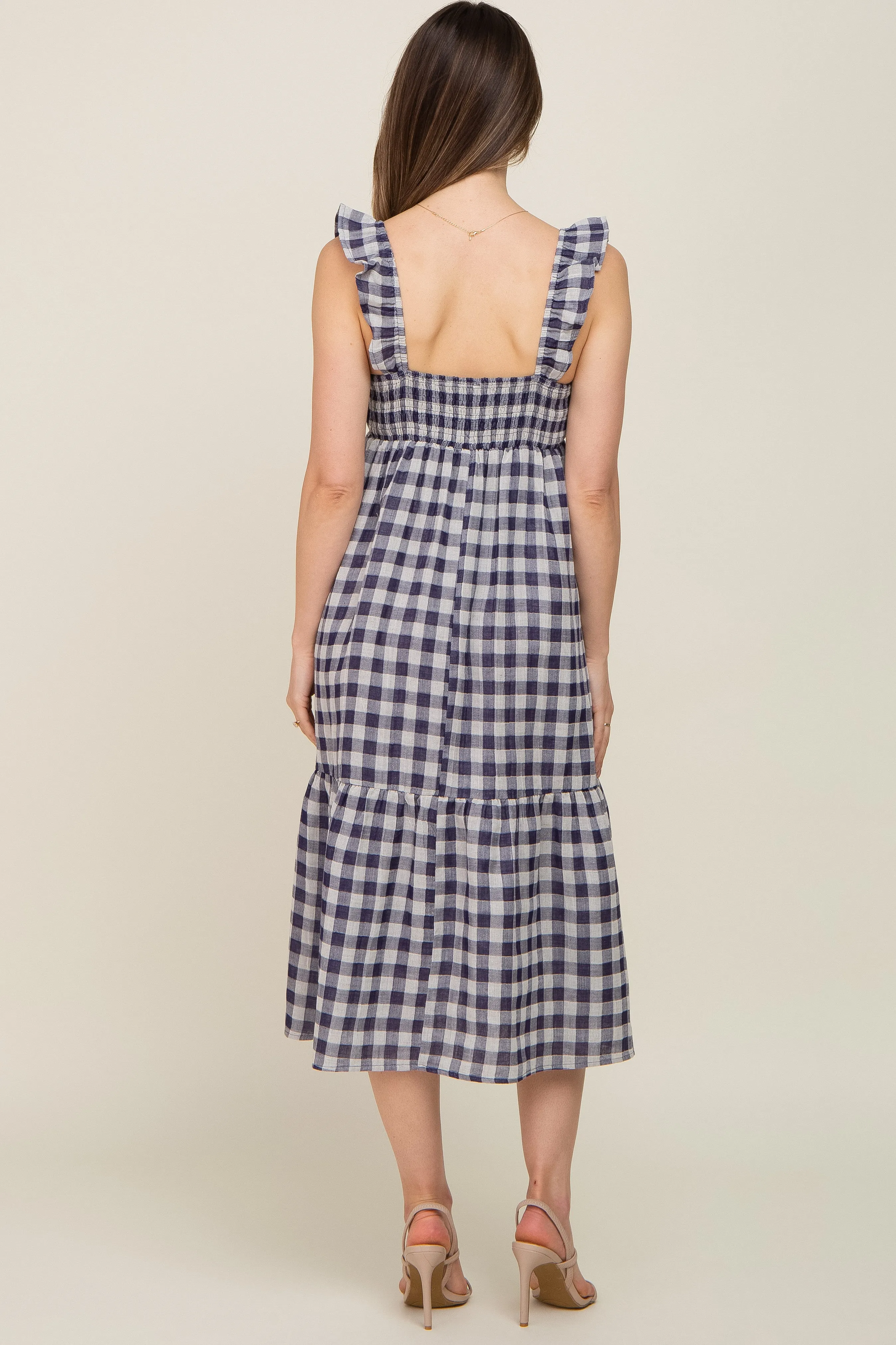 Navy Blue Checkered Linen Sweetheart Neck Ruffle Strap Maternity Midi Dress sold by Pinkblush product image thumbnail 3