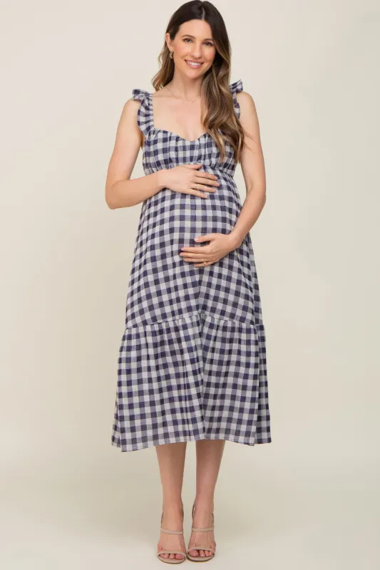 Navy Blue Checkered Linen Sweetheart Neck Ruffle Strap Maternity Midi Dress sold by Pinkblush