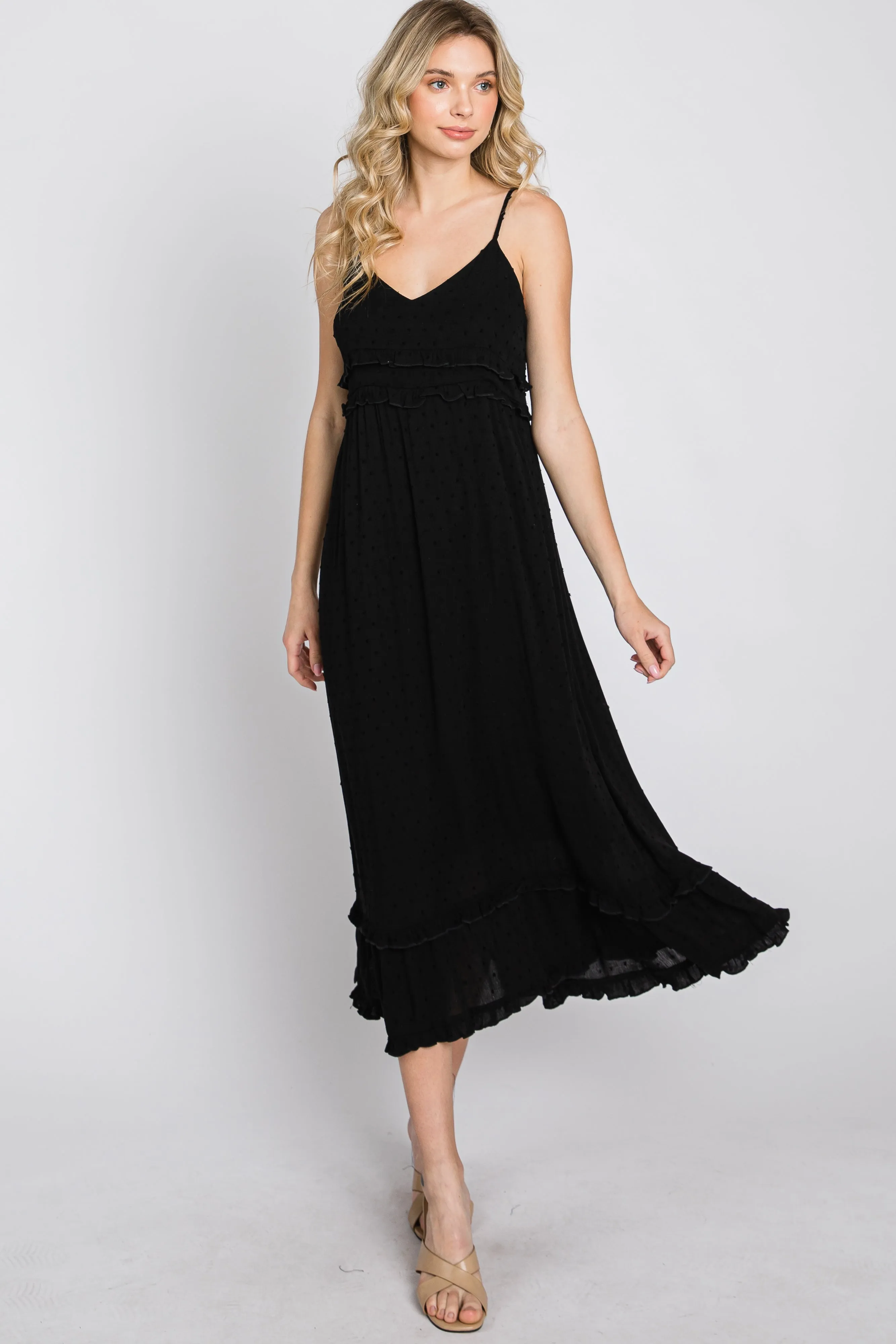 Black Swiss Dot Ruffle Accent Maxi Dress sold by Pinkblush product image thumbnail 3