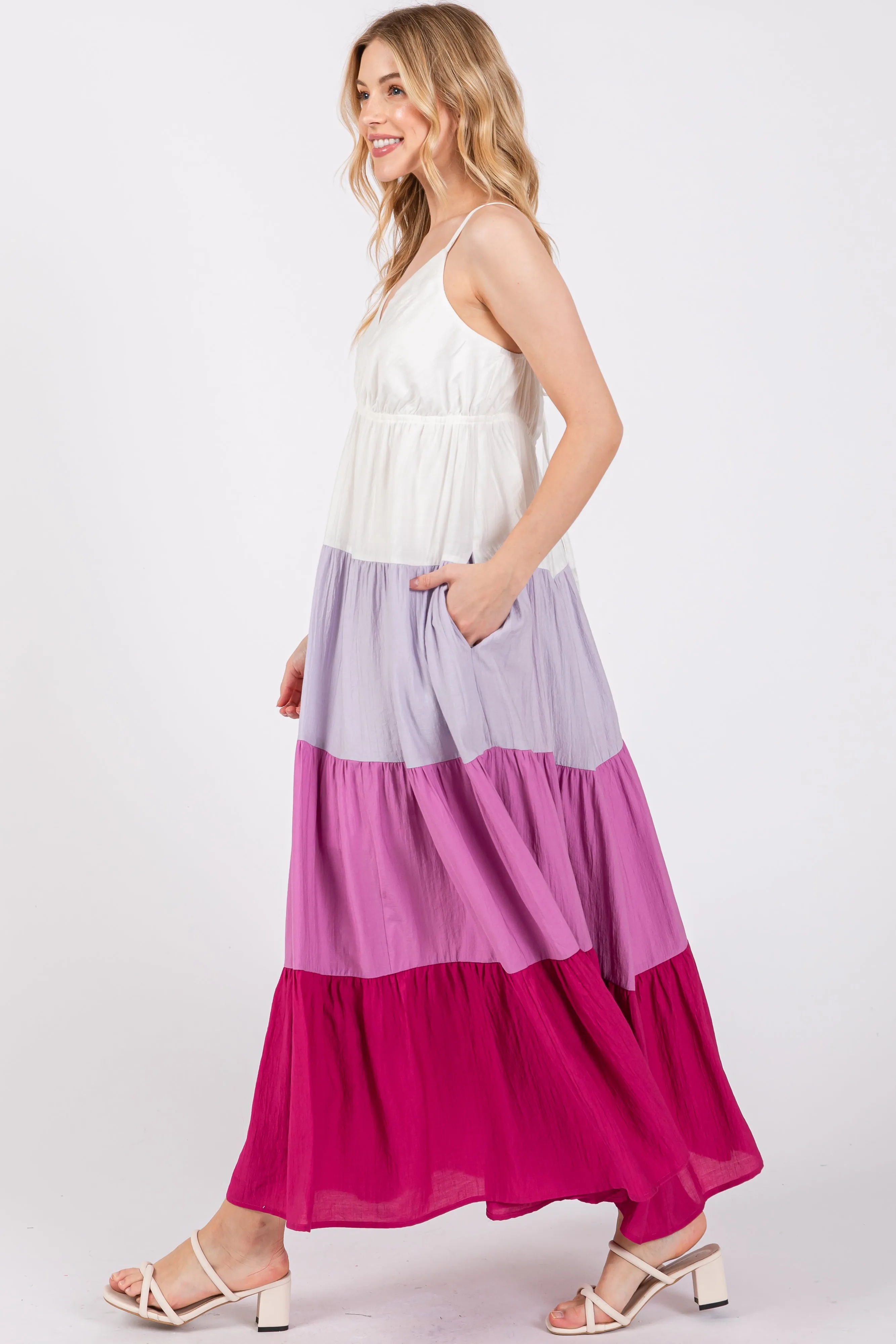 Magenta V-Neck Tiered Color Block Midi Dress sold by Pinkblush product image thumbnail 2